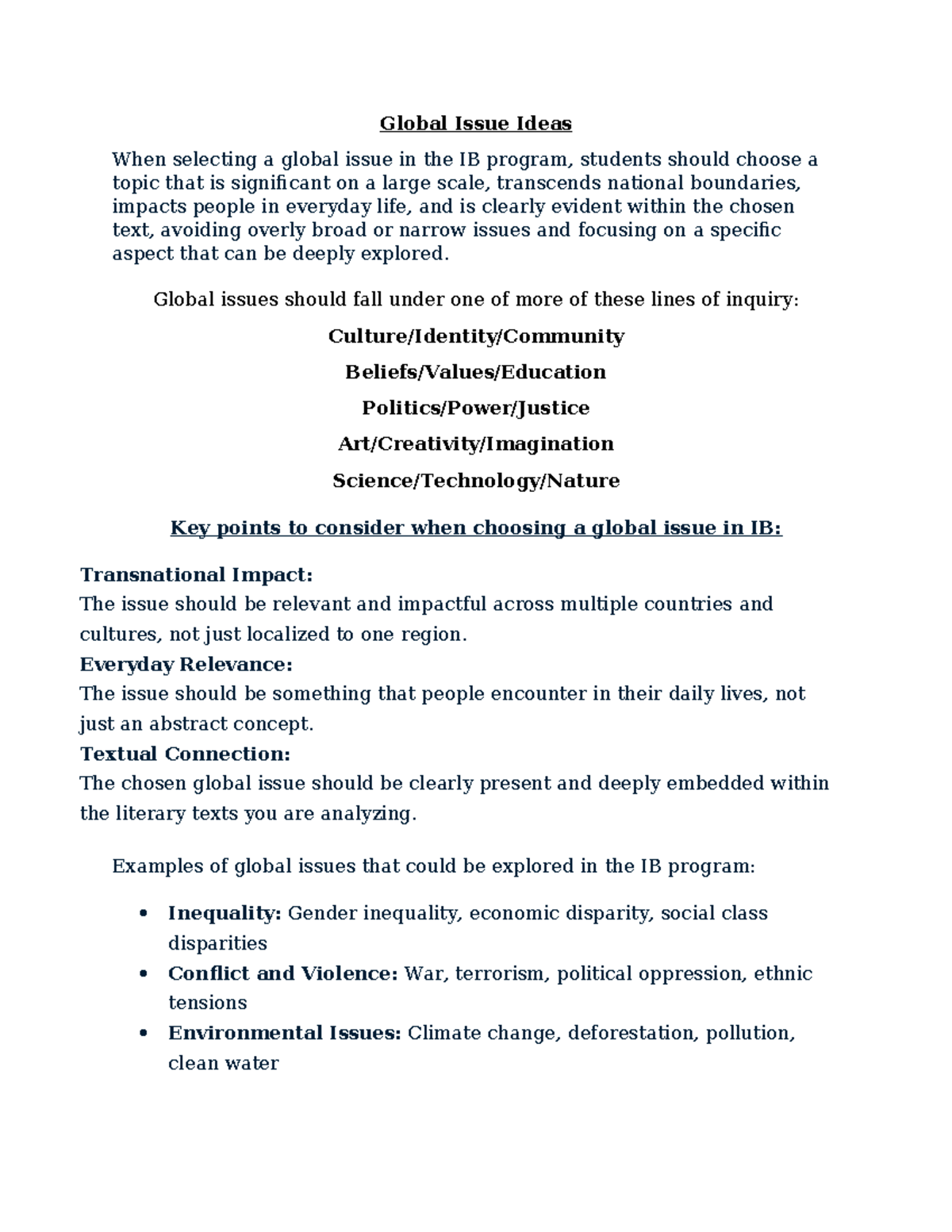 IB Global Issues: Key Considerations and Examples for Analysis - Studocu