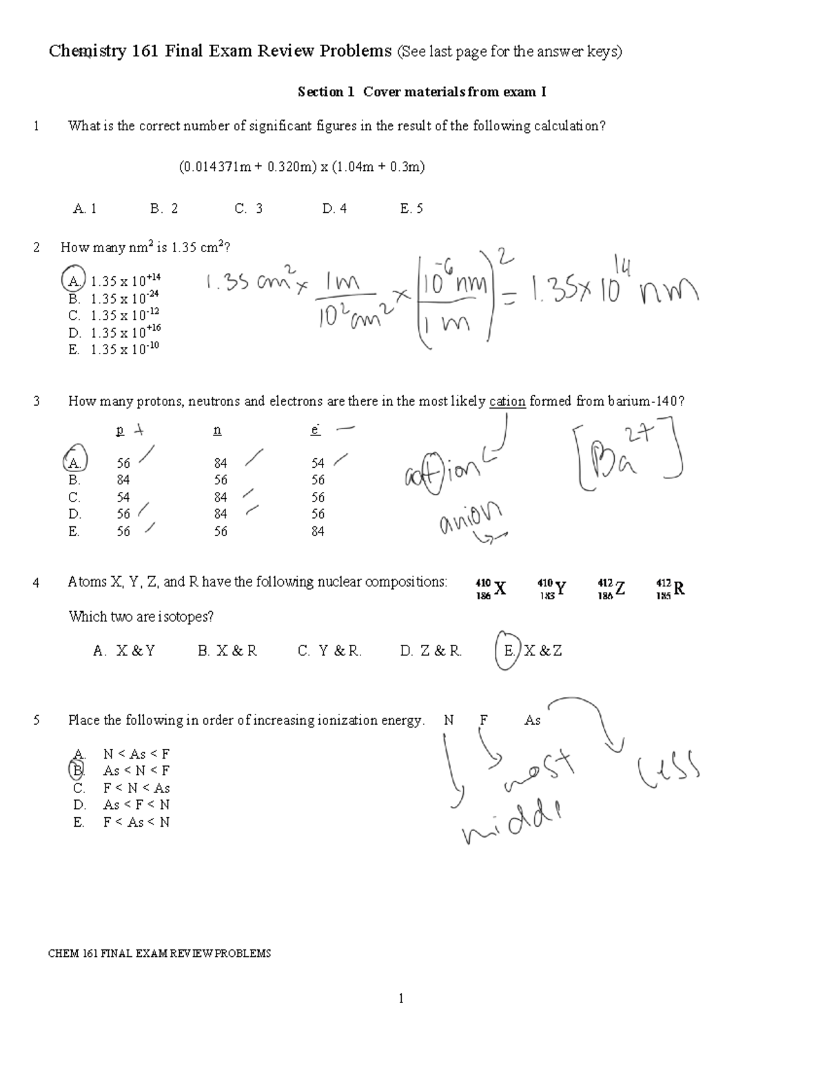 CHEM 161 Final Exam Review Problems with Answer Keys - Studocu