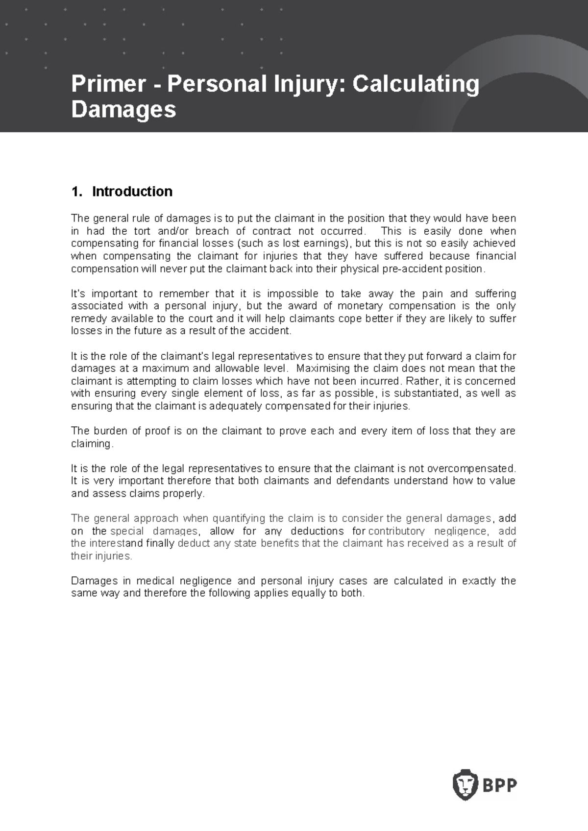 W7 Personal Injury Damage Calculations: A Comprehensive Primer - Studocu
