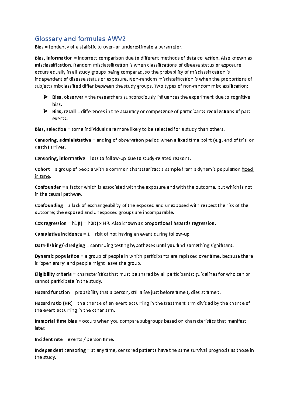 Glossary and Formulas for AWV 2: Key Terms Explained - Studeersnel