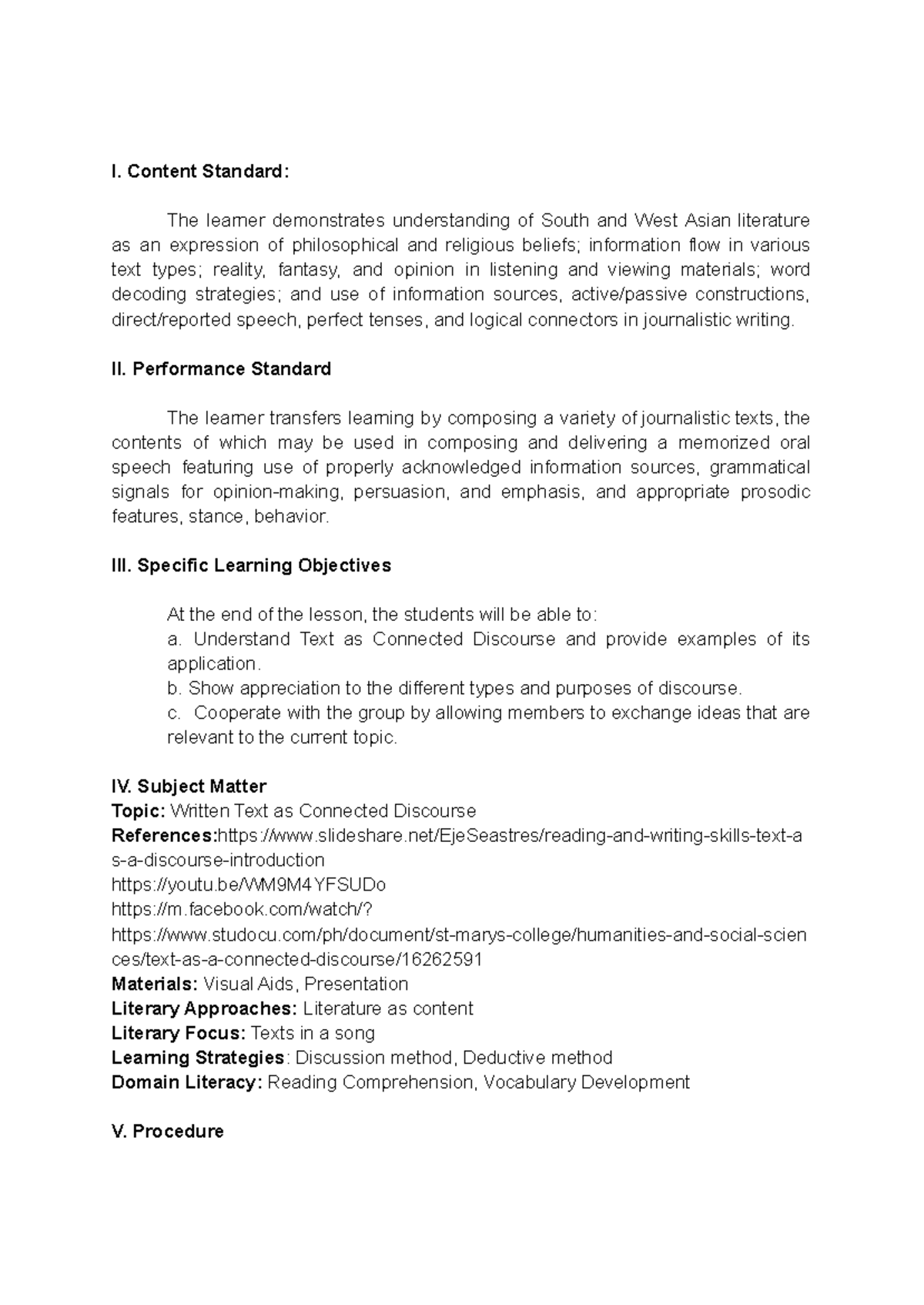 Detailed - I. Content Standard: The learner demonstrates understanding ...