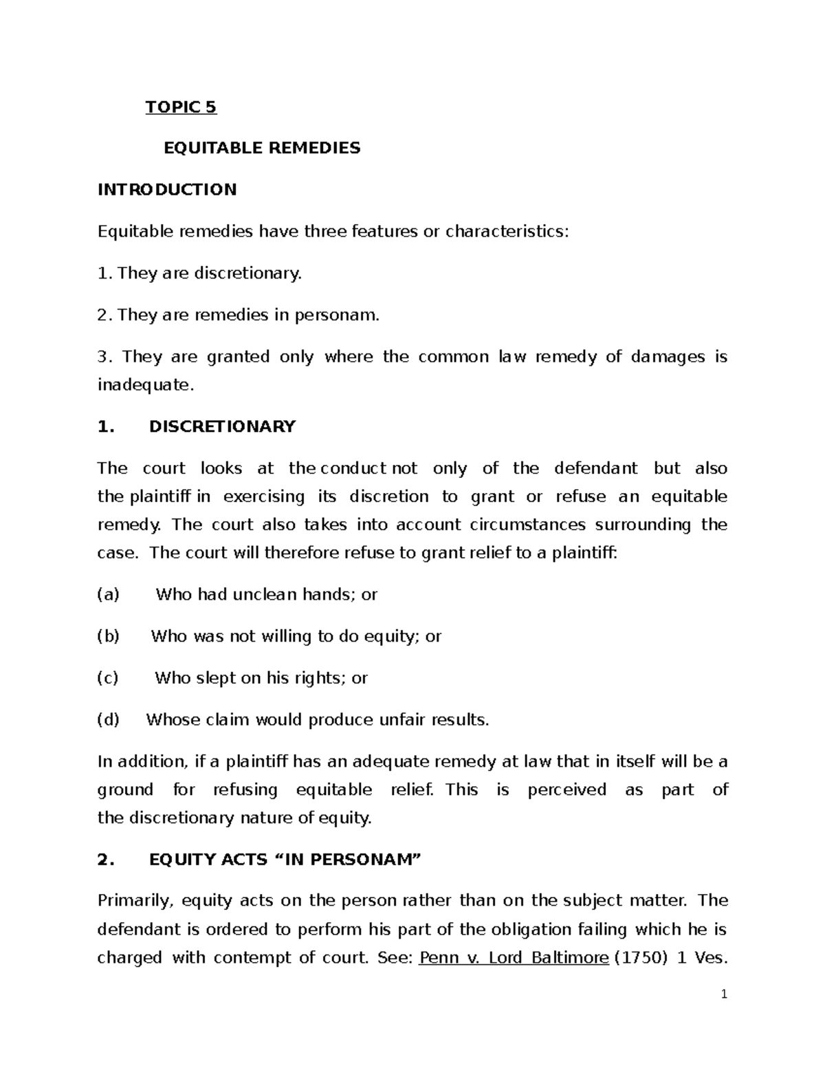 Equity Remedy Lecture Notes - Topic 5: Understanding Specific ...
