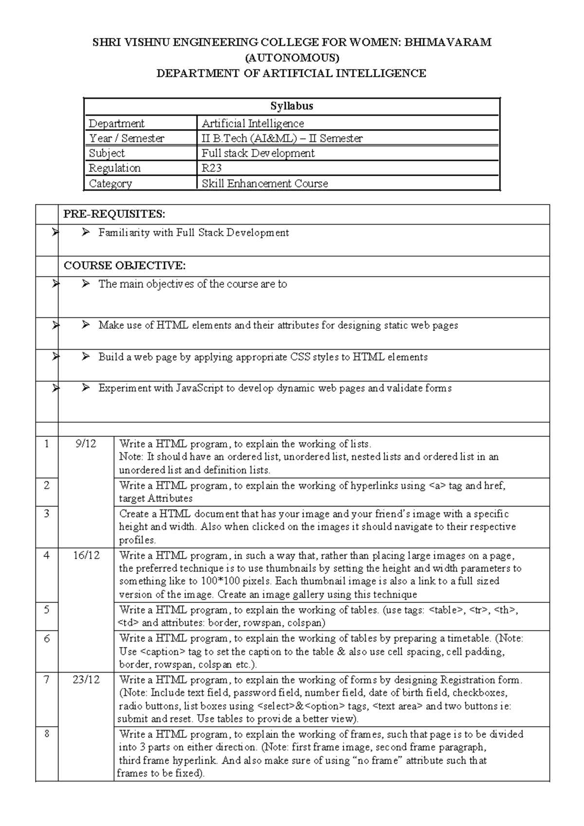 AIML A: Full Stack Development Syllabus for II B.Tech II Sem - Studocu