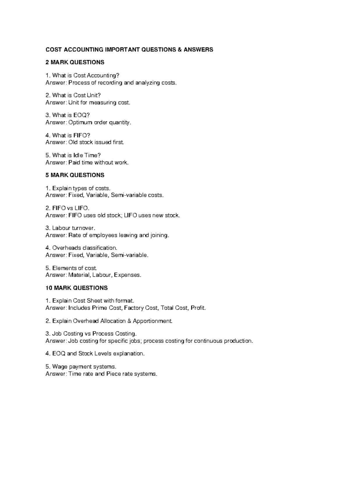 COST ACCOUNTING QA: Key 2, 5, and 10 Mark Questions - Studocu