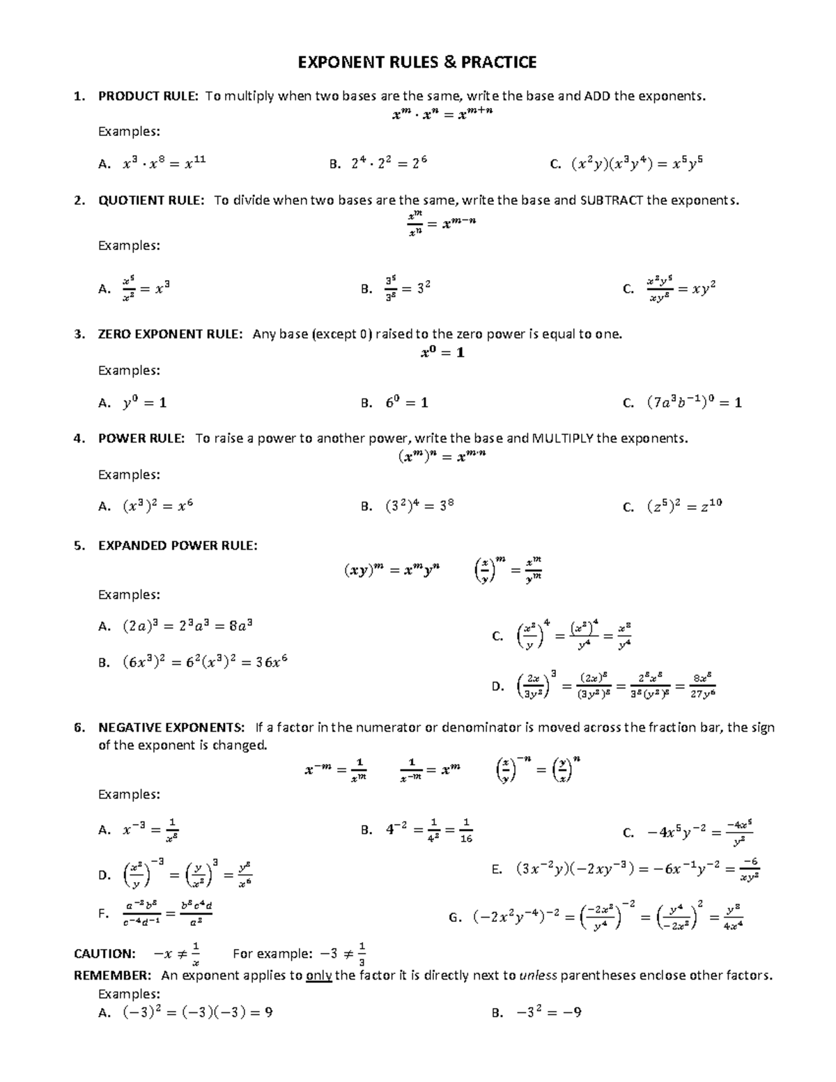 Chapter 3 Worksheet 3 Exponents - EXPONENT RULES & PRACTICE 1. PRODUCT ...