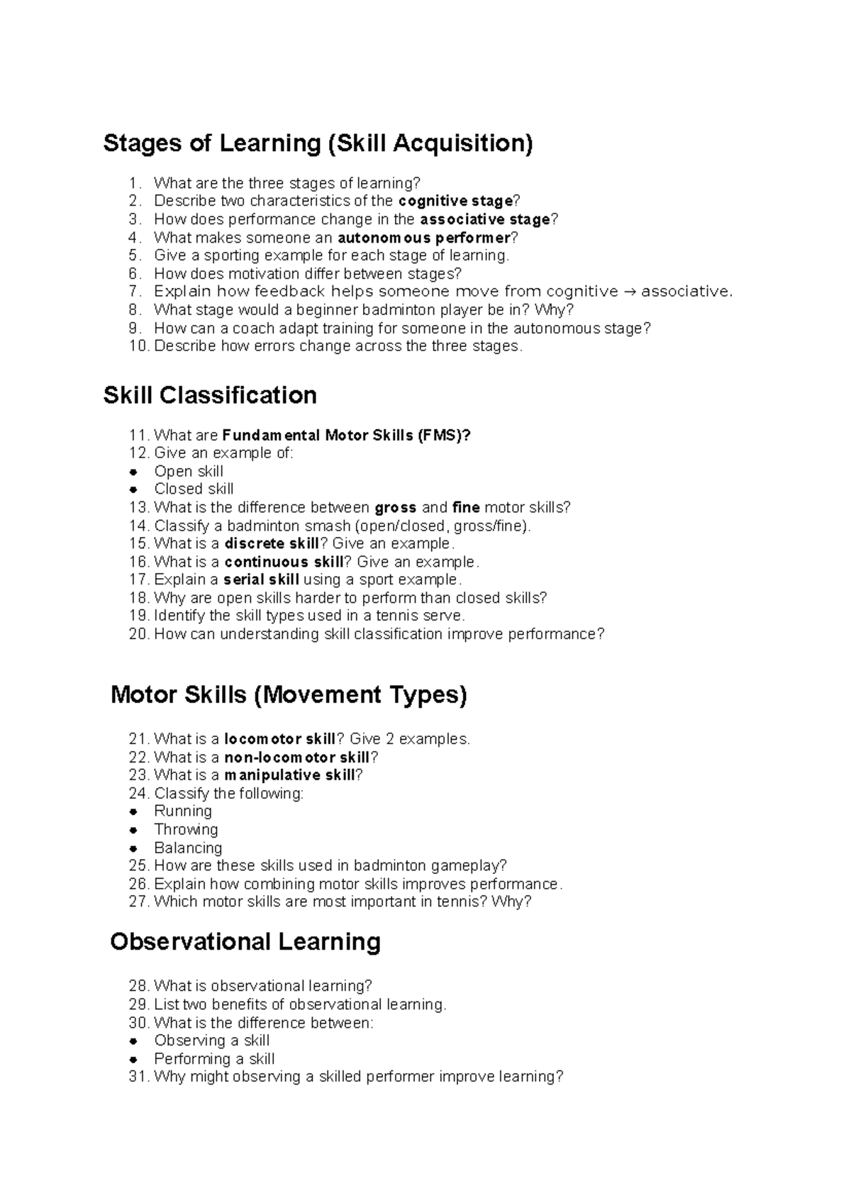 Stages of Learning and Skill Classification in Sports (PE 101) - Studocu