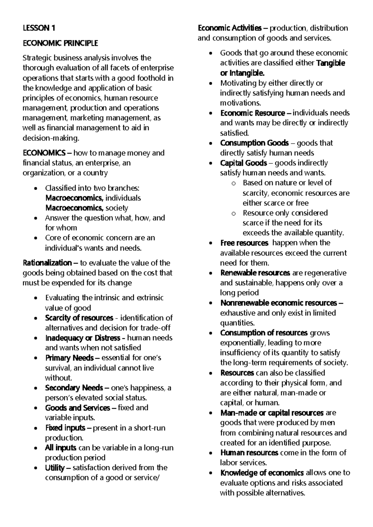 LESSON 1-2 ECONOMIC PRINCIPLES & HRM BASICS Study Notes - Studocu