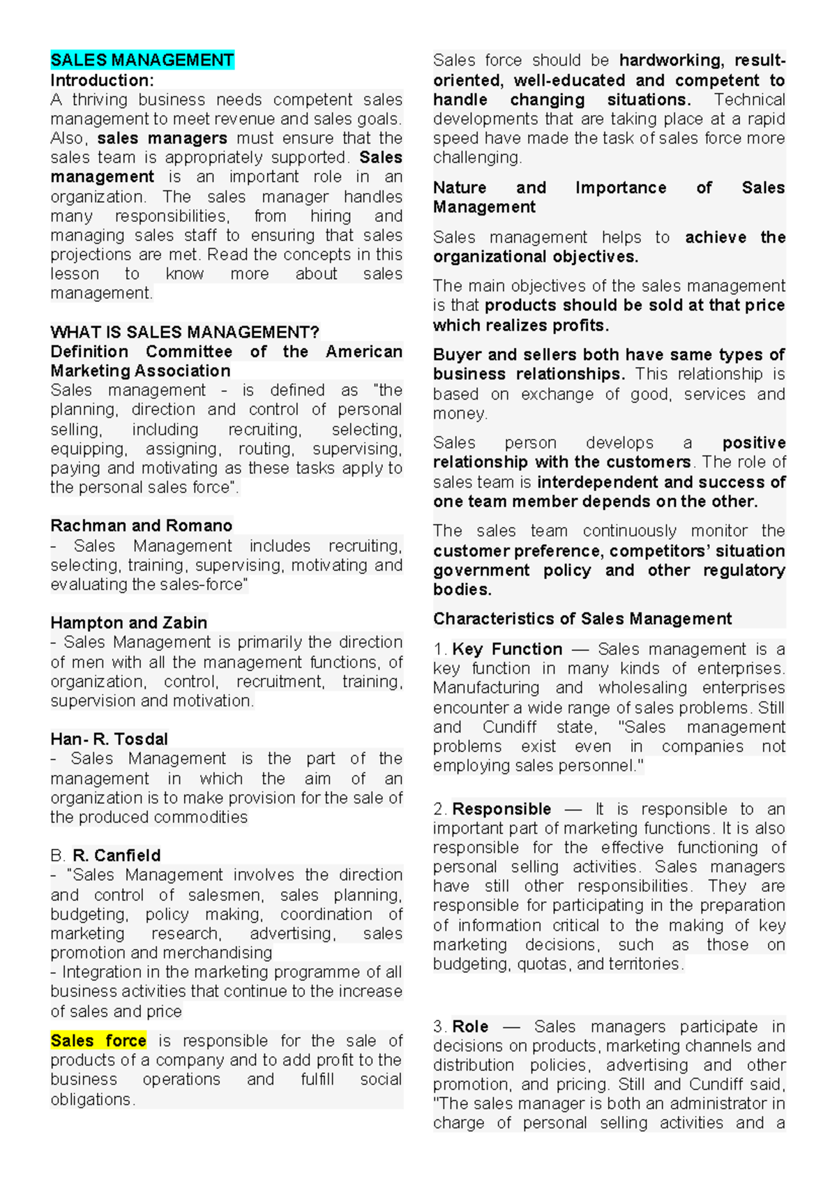 SALES MANAGEMENT (478871906) Comprehensive Reviewer Notes - Studocu