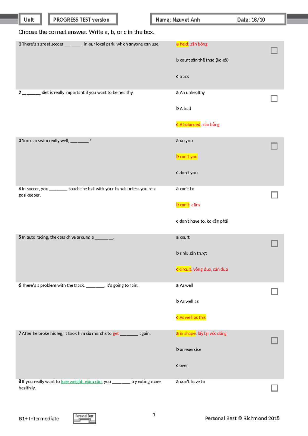 PB Am E B1+ Unit Progress Test Version A - Nguyet Anh - Studocu