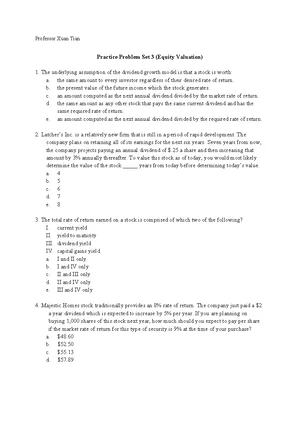 Equity Valuation Practice Problem Set 3: Analysis & Solutions - Studocu