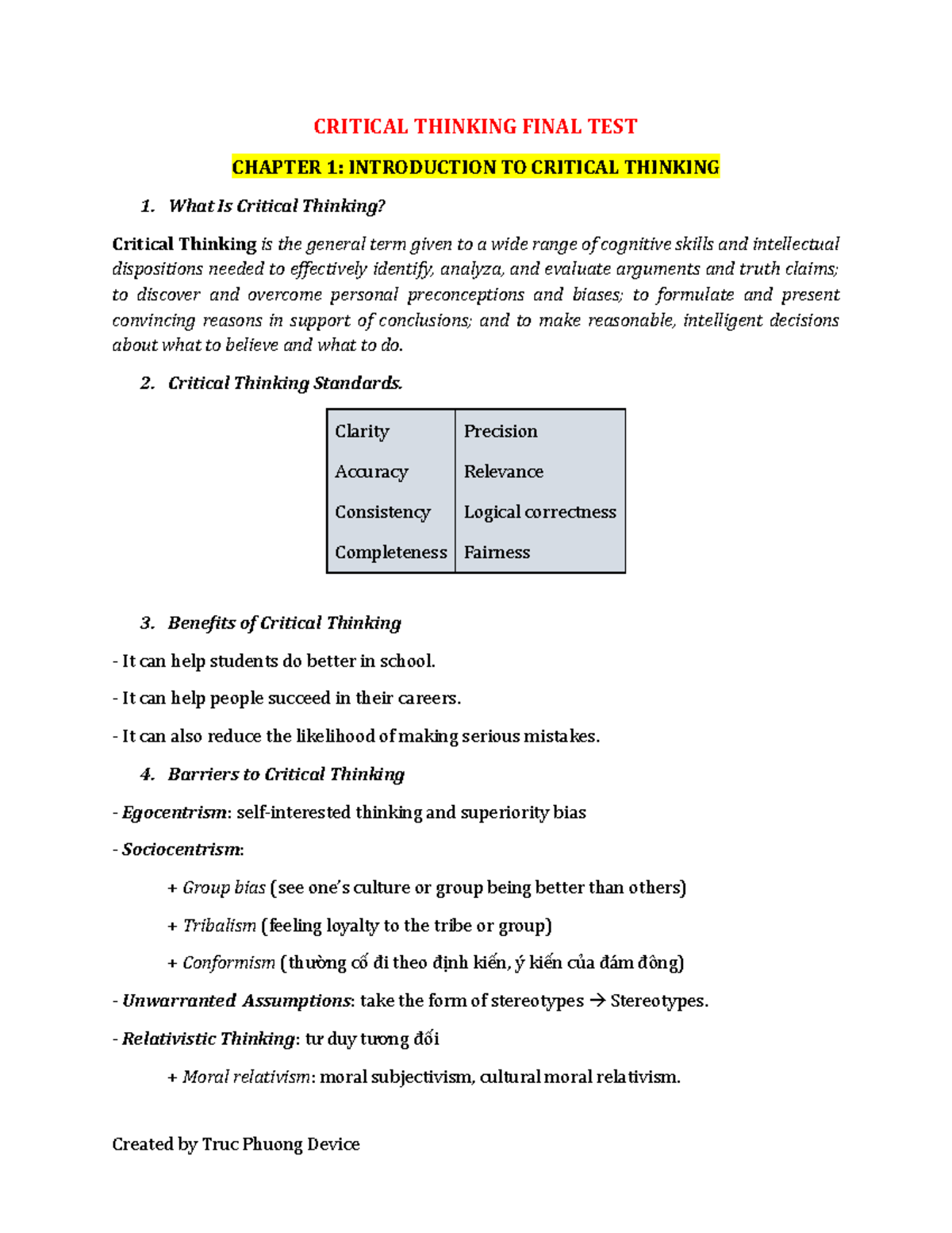 Critical Thinking Final Test Notes - NNA Course - Studocu