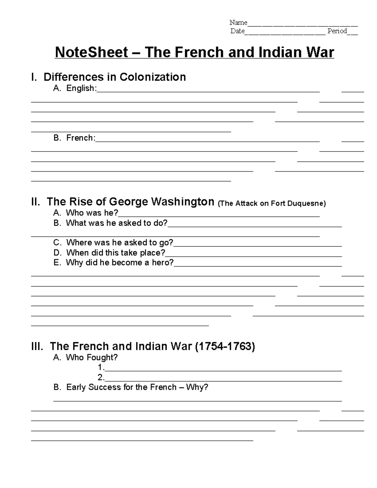 Note Sheet: Overview & Key Events of the French and Indian War - Studocu