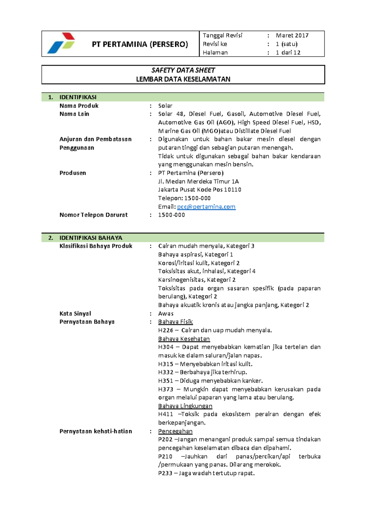 202010_PERTAMINA_Safety_Data_Sheet_Solar_Fuel_Overview - Studocu