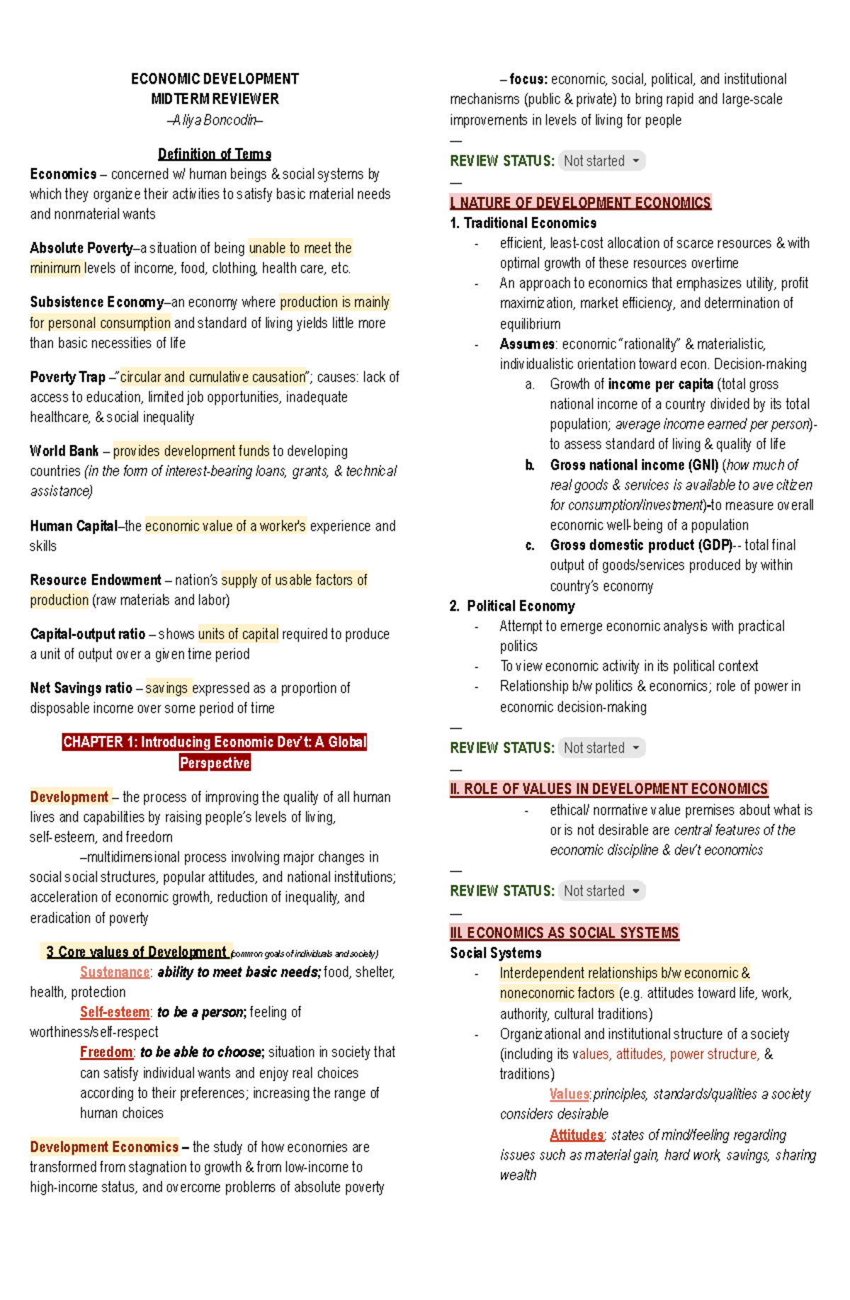 ECON 101: Economic Development Midterm Review Material - Studocu