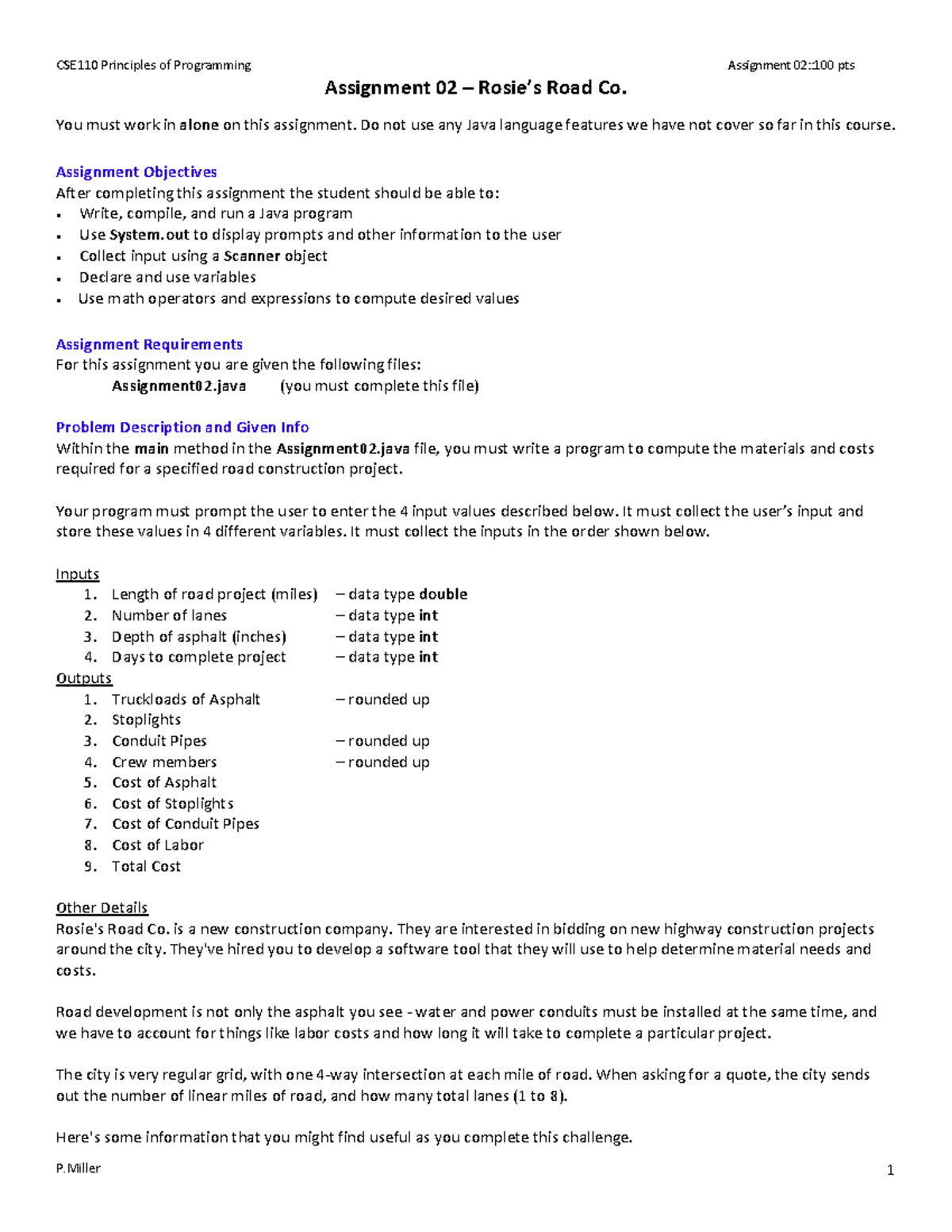 CSE 110 Assignment 02: Rosie’s Road Construction Program Guide - Studocu