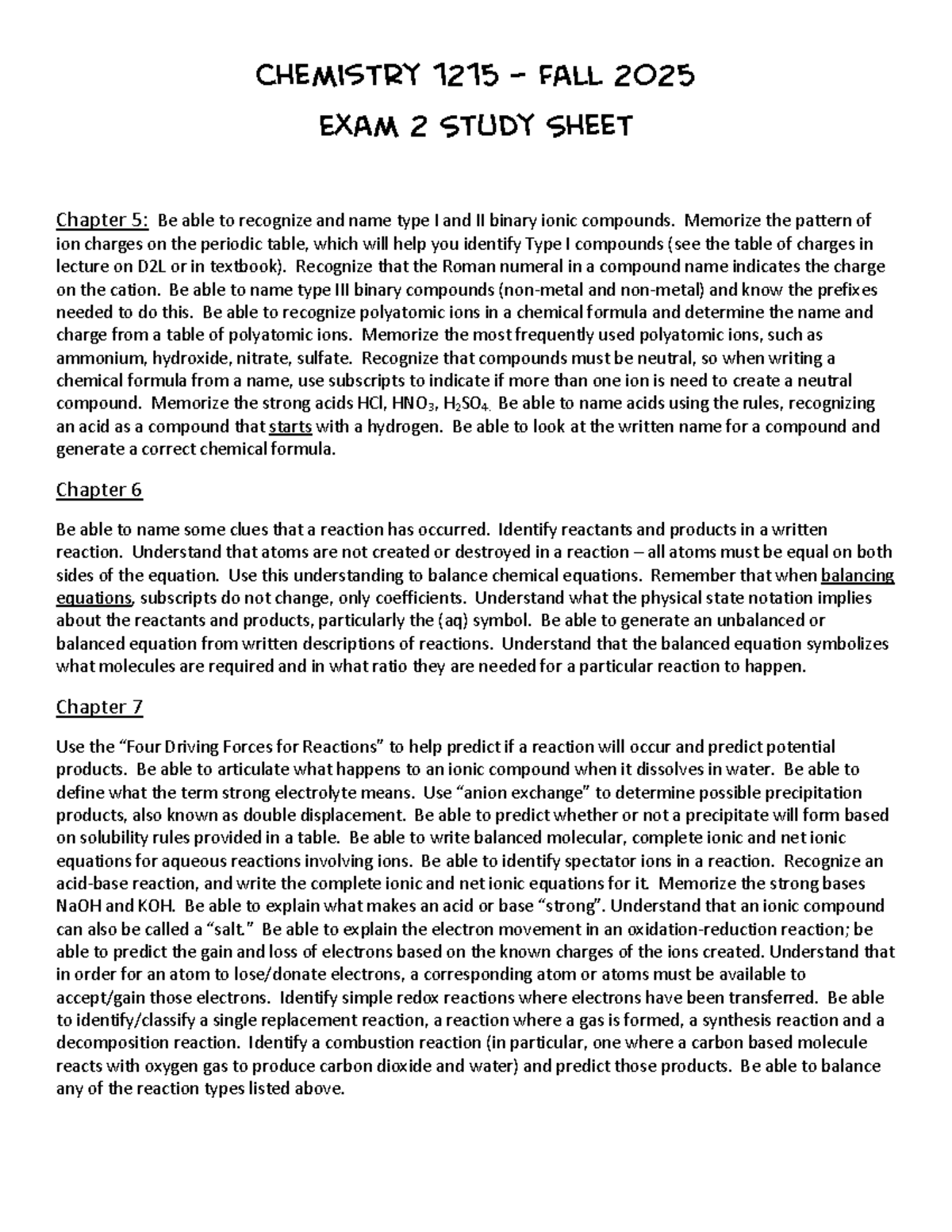 Chemistry 1215 Fall 2025 Exam 2 Study Guide: Ionic Compounds ...