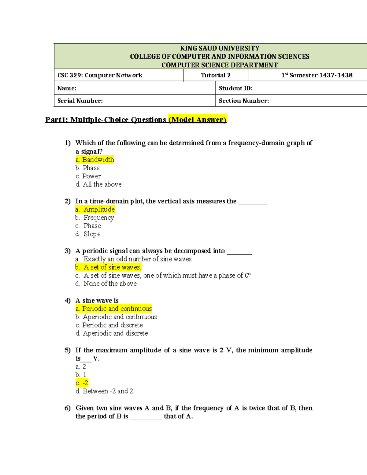 CSC 329 Tutorial 2 Model Answers - Computer Networks Summary - Studocu
