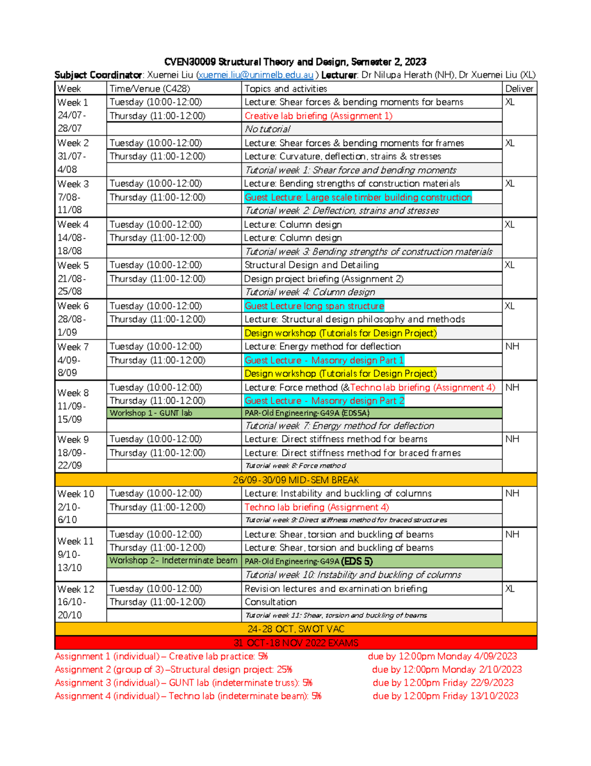 CVEN30009 Structural Theory and Design Lecture Schedule XL2023Sem2 ...