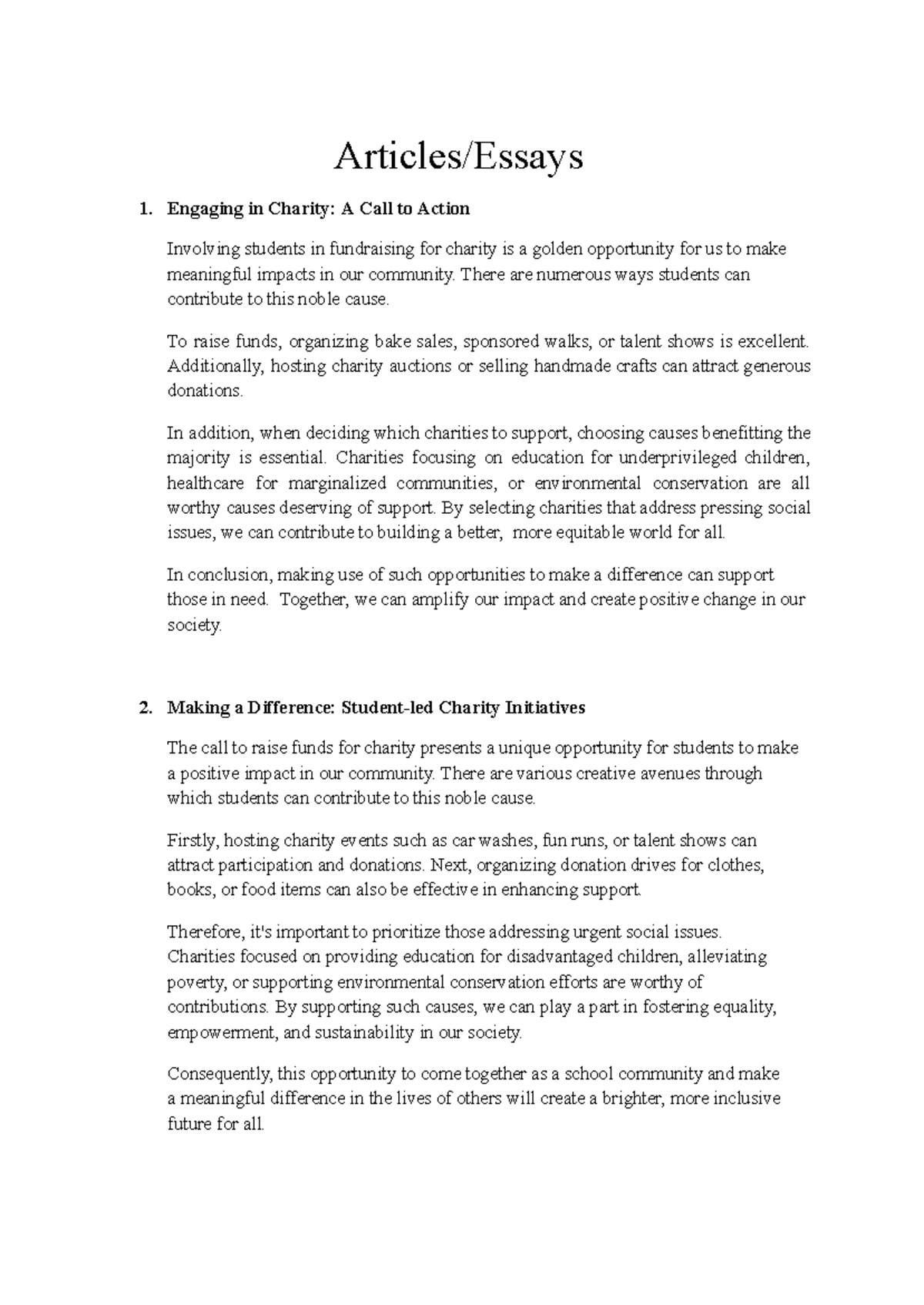 ESL Writing Samples: Engaging Students in Charity Initiatives - Studocu