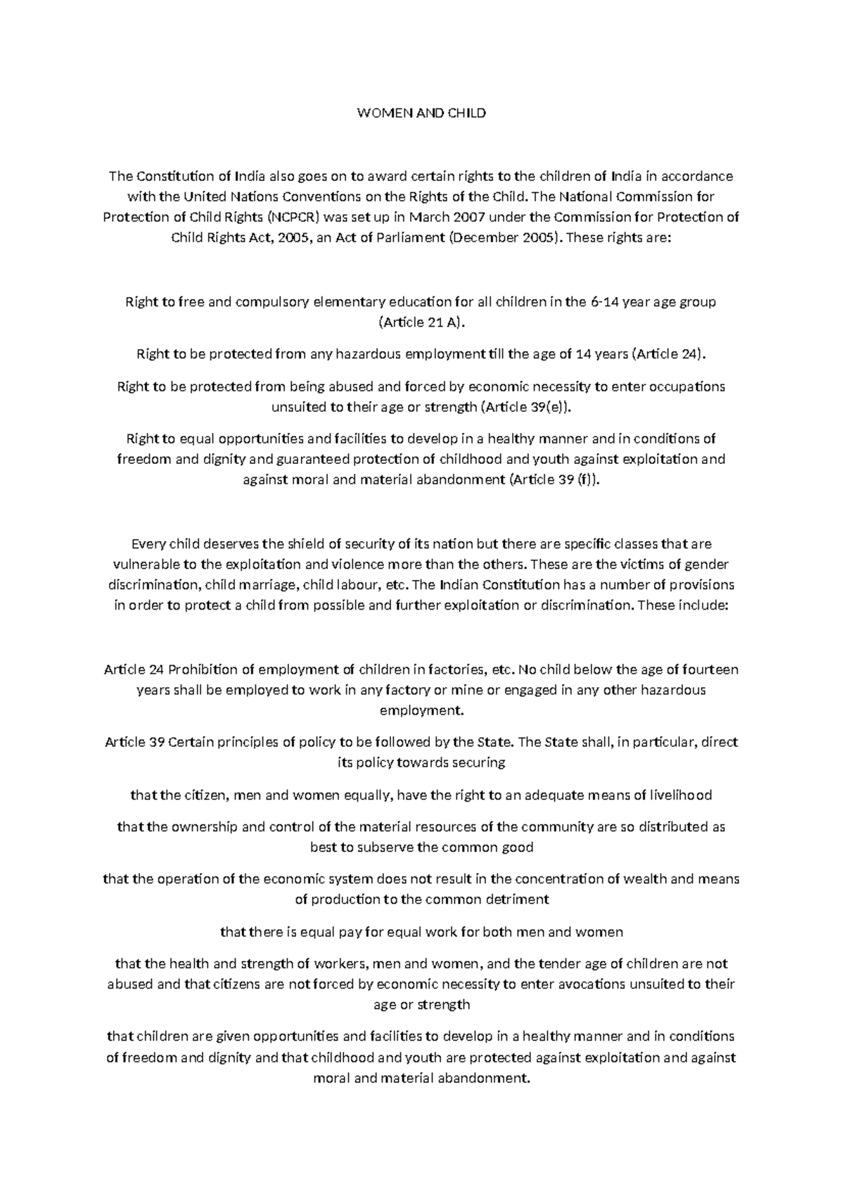 Women and Child Rights: An Overview of Constitutional Protections - Studocu