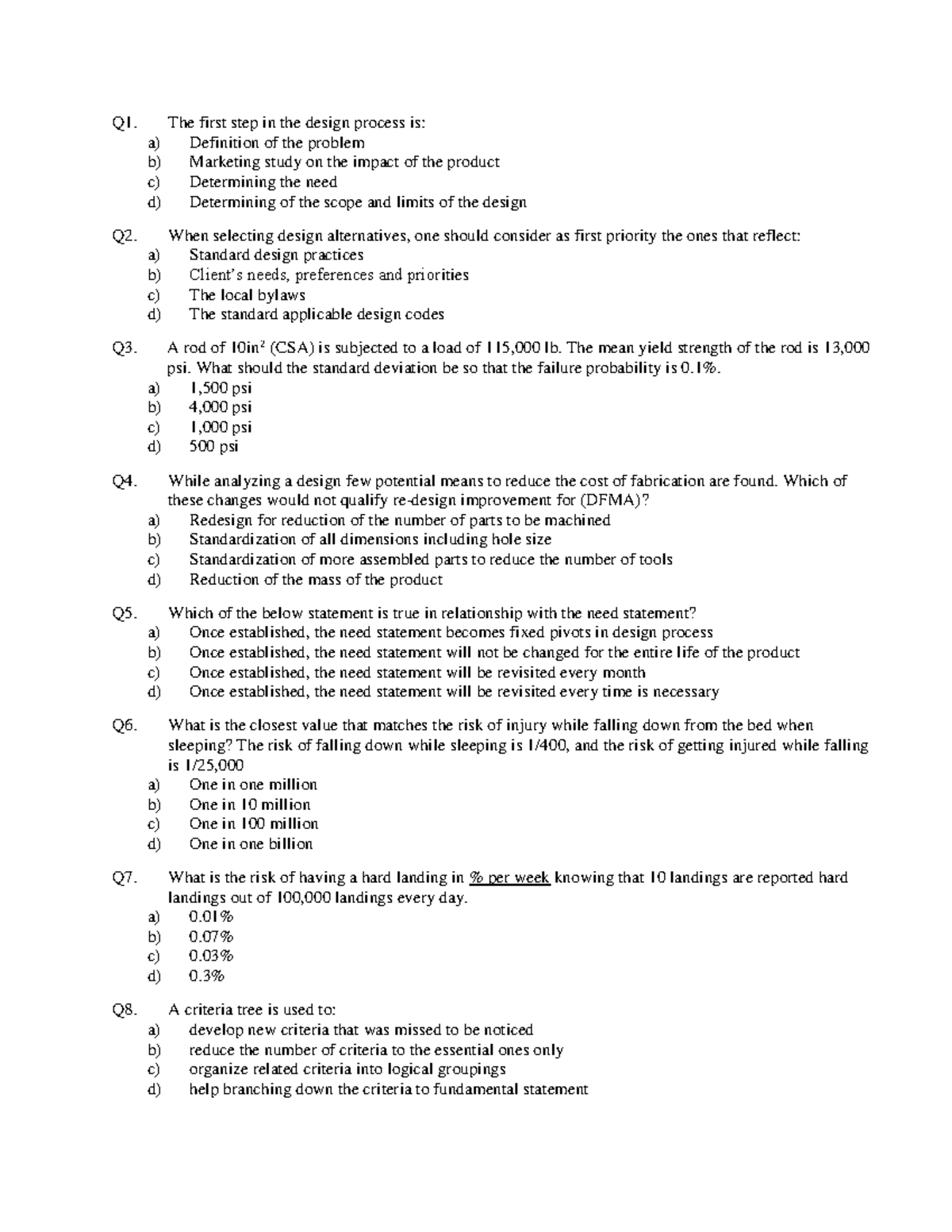 Sample Questions for Design Process and Reliability Analysis (ENG 101 ...
