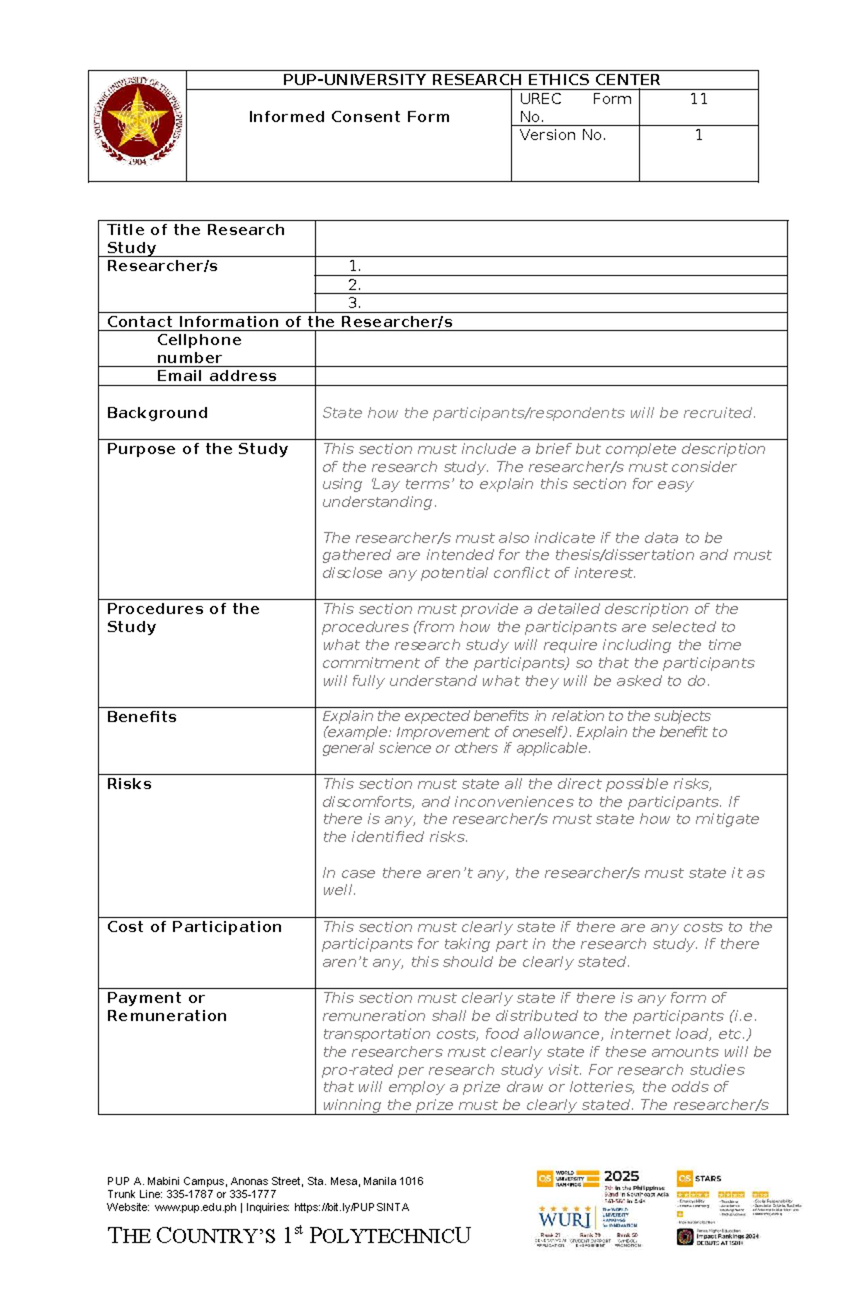 UREC Form 11: Informed Consent for Research Study - Studocu