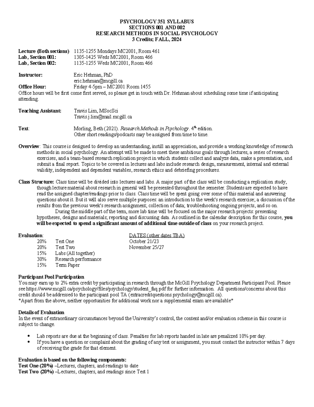 Fall 2024 Syllabus PSYCHOLOGY 351 SYLLABUS SECTIONS 001 AND 002