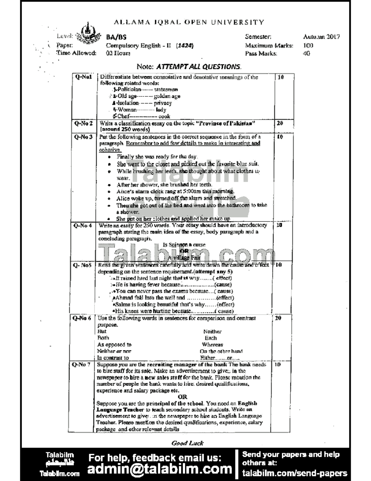 Compulsory English II (1424) Autumn 2017 Exam Paper Analysis - Studocu