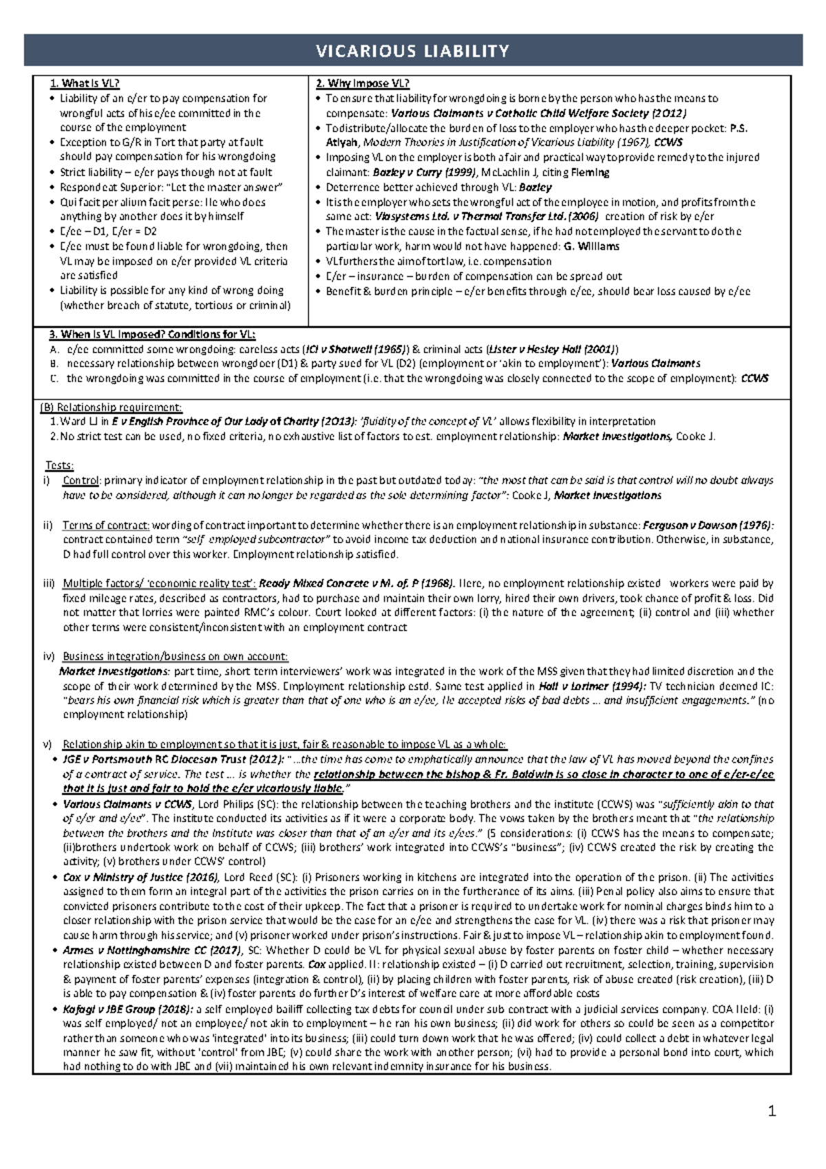 Vicarious Liability Analysis Chart: Key Cases & Principles - Studocu