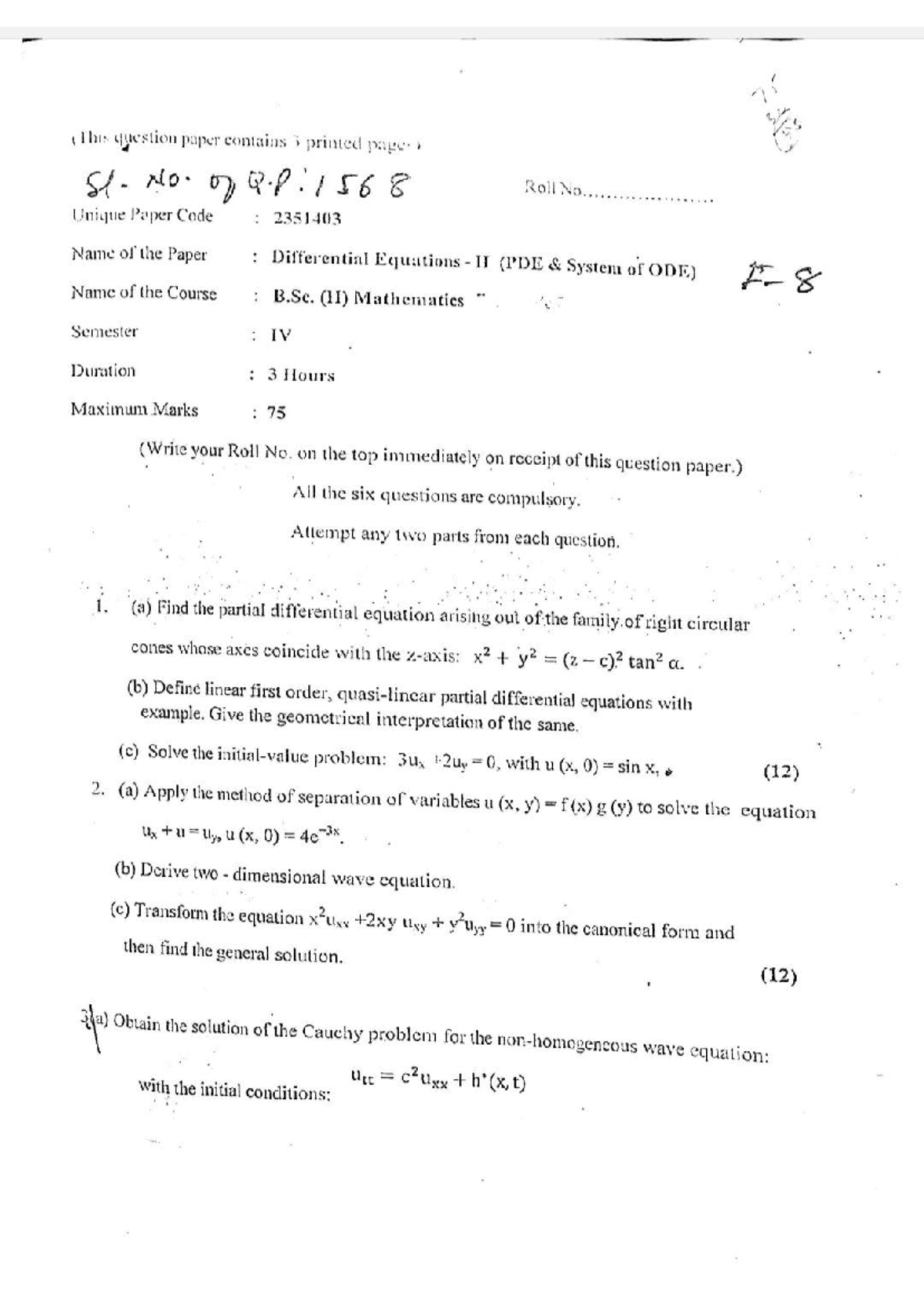 PDE 32351401 - Previous Year Question Papers on Partial Differential ...