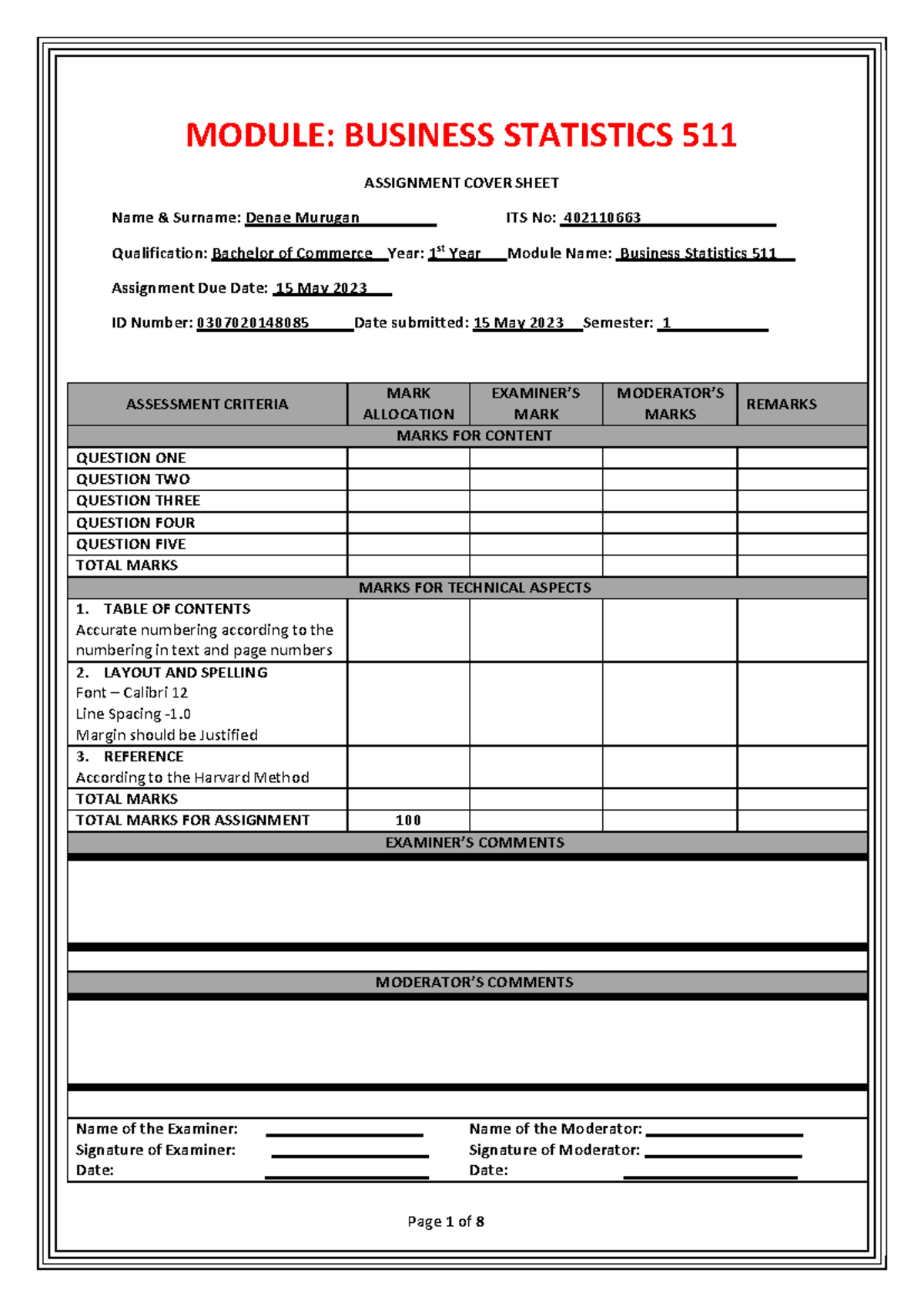Statistics Assignment - TABLE OF CONTENTS Accurate numbering according ...