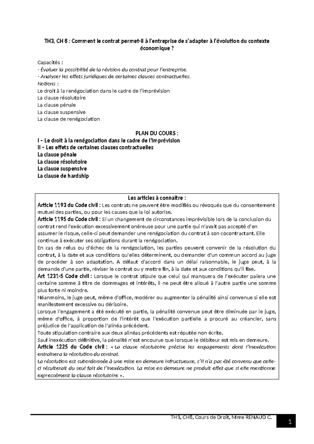 TH3, CH8 : Analyse des Clauses Contractuelles et Renégociation - Studocu