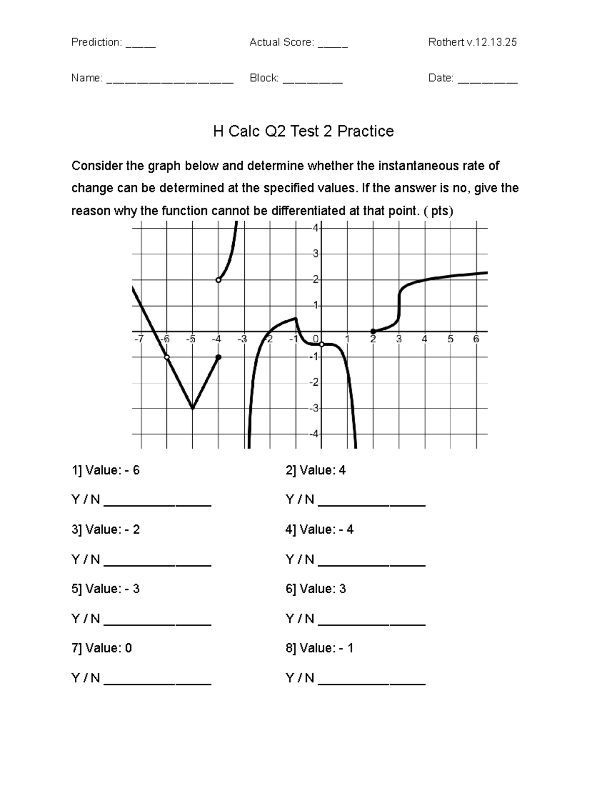 H Calc Q2 Test 2 Instantaneous Rate & Derivative Practice - Studocu