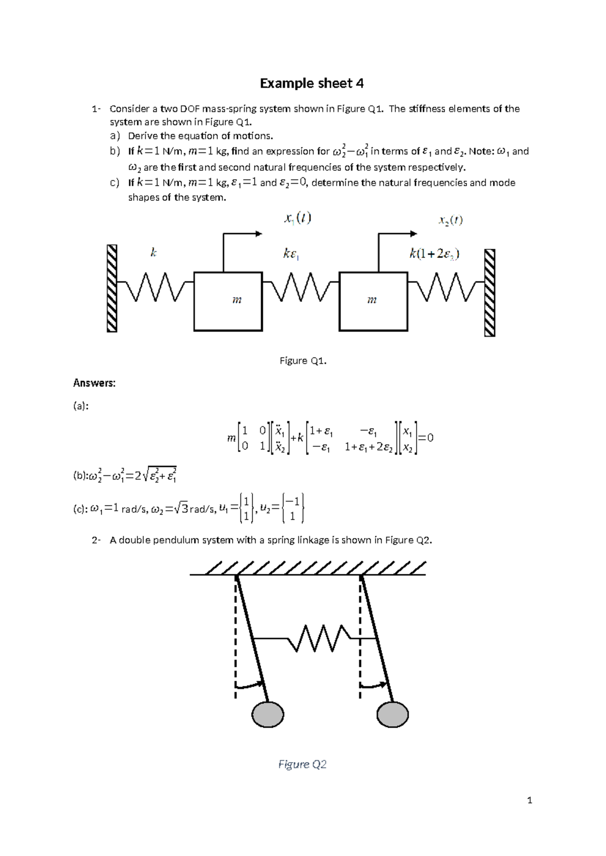 Dynamic Analysis of a Two DOF System - Example Sheet 4 - Studocu