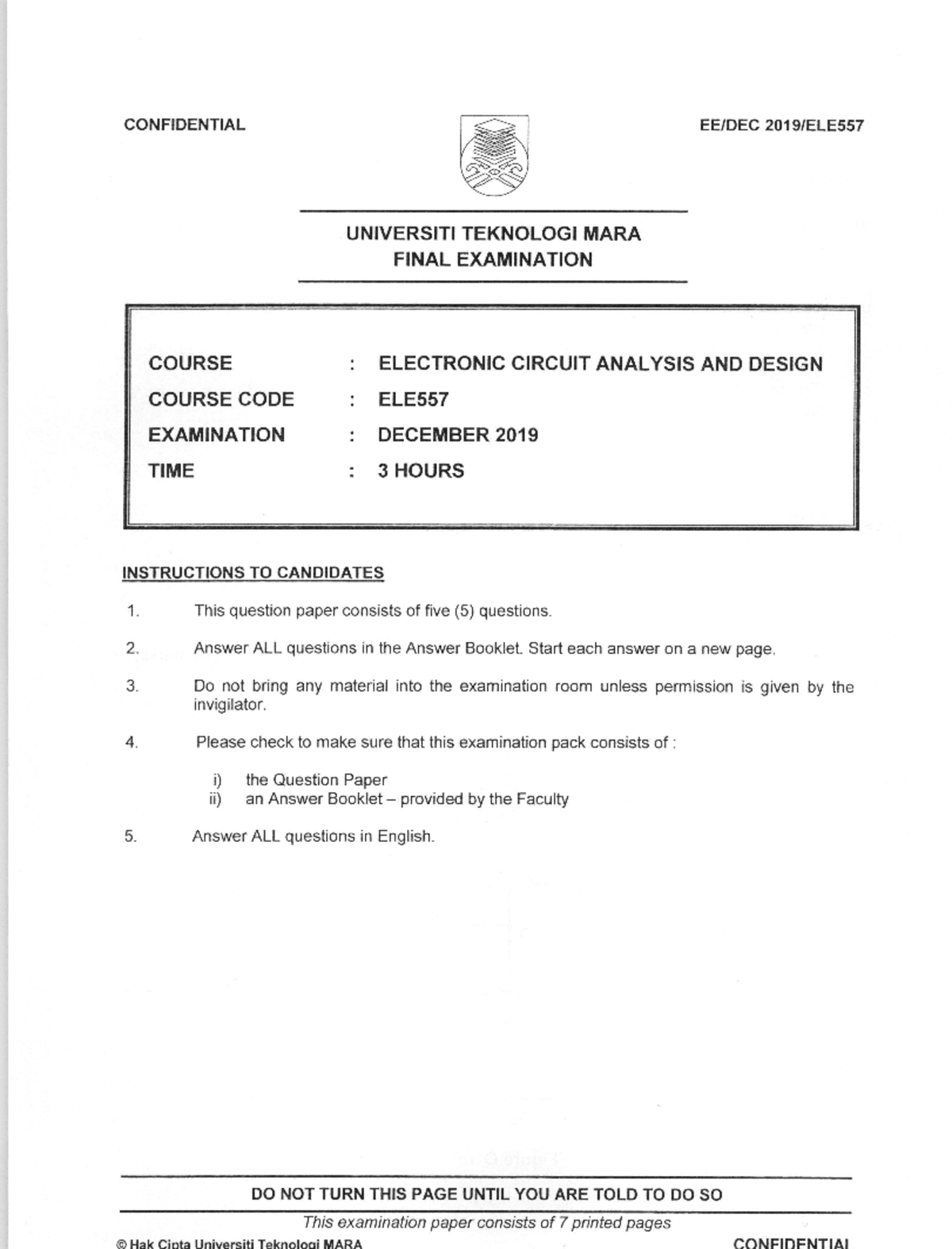 ELE - Final Examination on Electronic Circuit Analysis and Design (Dec ...