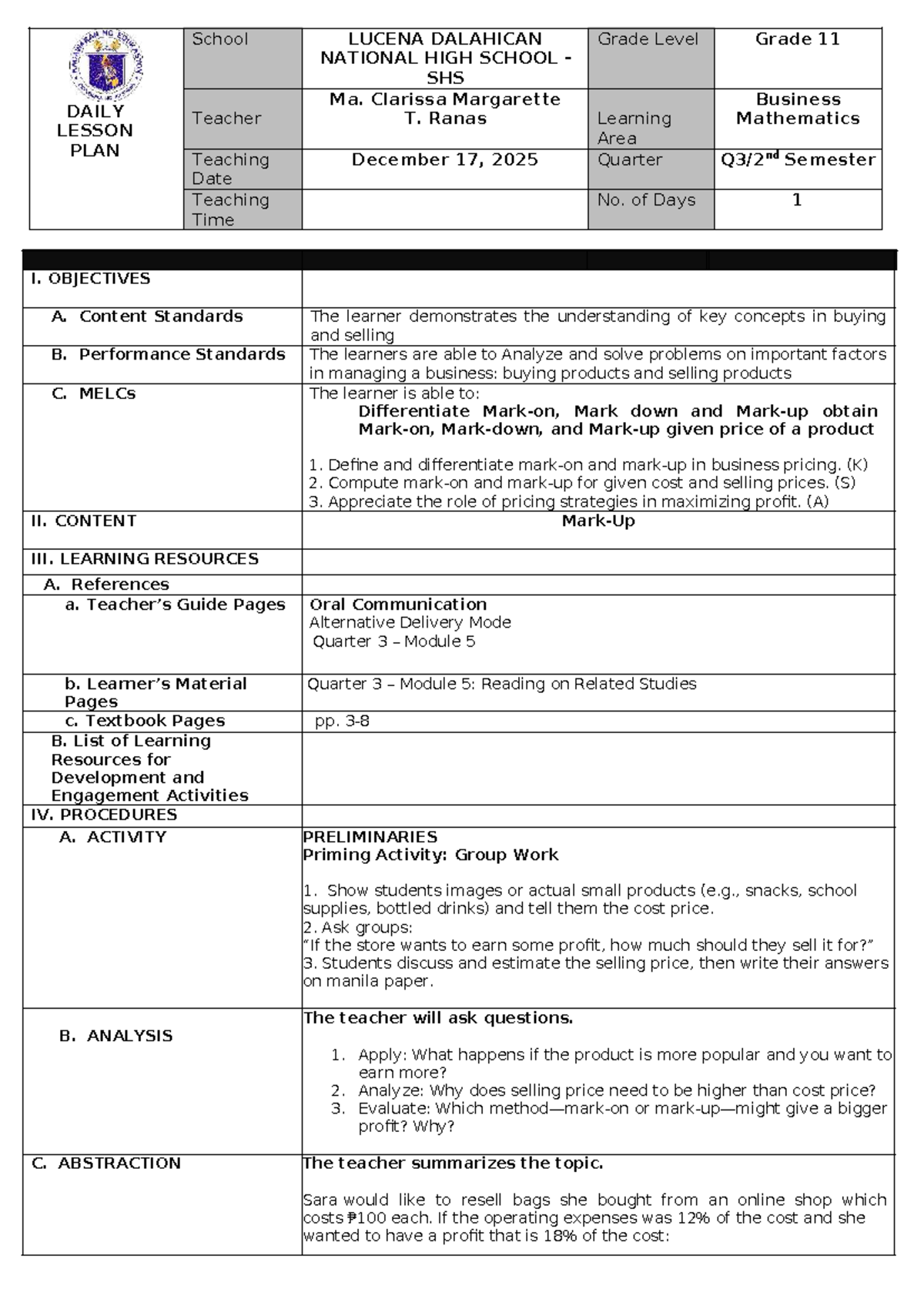 Q1 W5-D2 Lesson Plan: Business Math for Grade 11 - Studocu