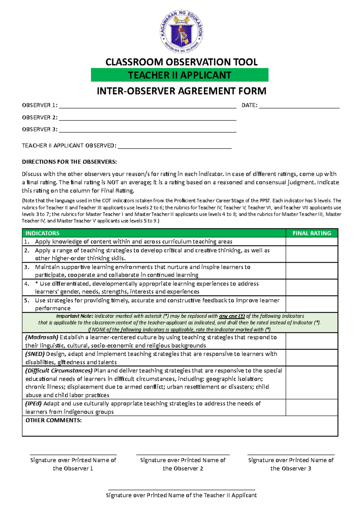 COT-Inter-Observer Agreement Form for Teacher II Applicants - Studocu