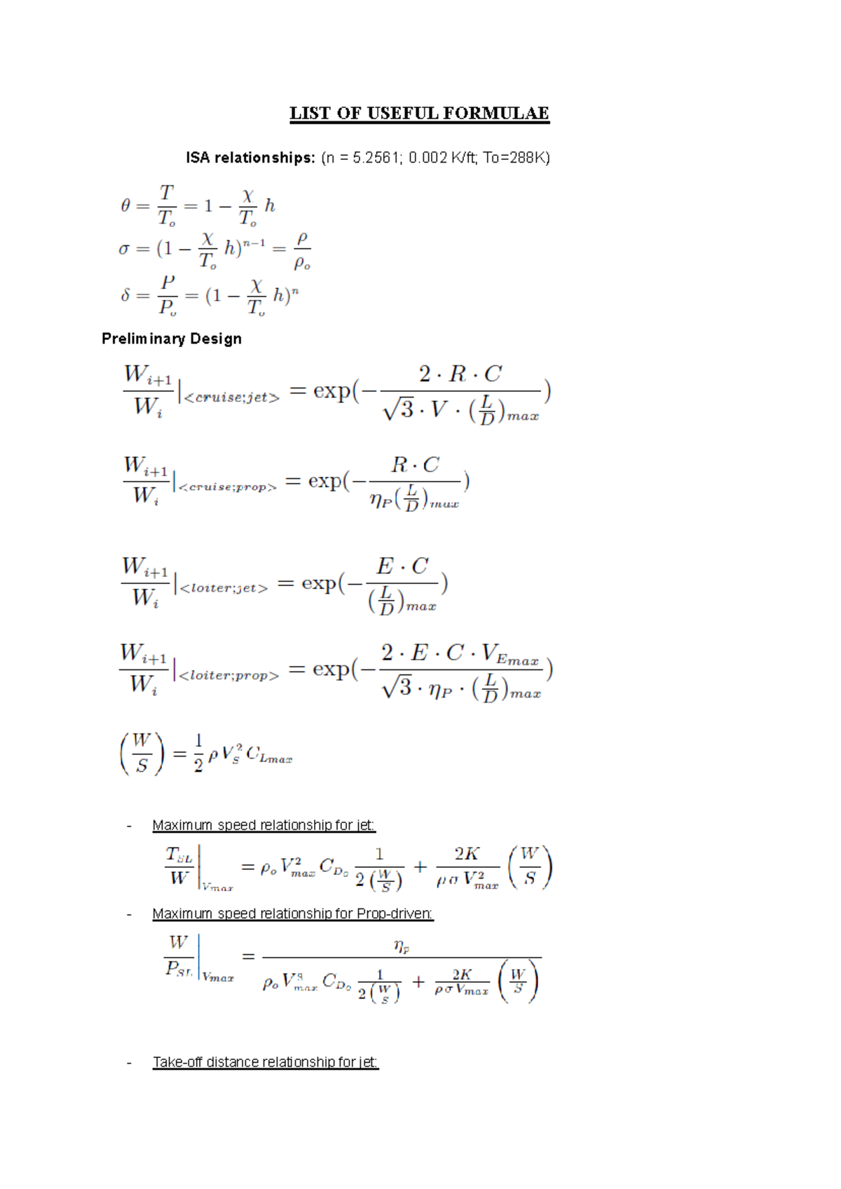 Formula - AER301 - LIST OF USEFUL FORMULAE ISA relationships: (n = 5 ...