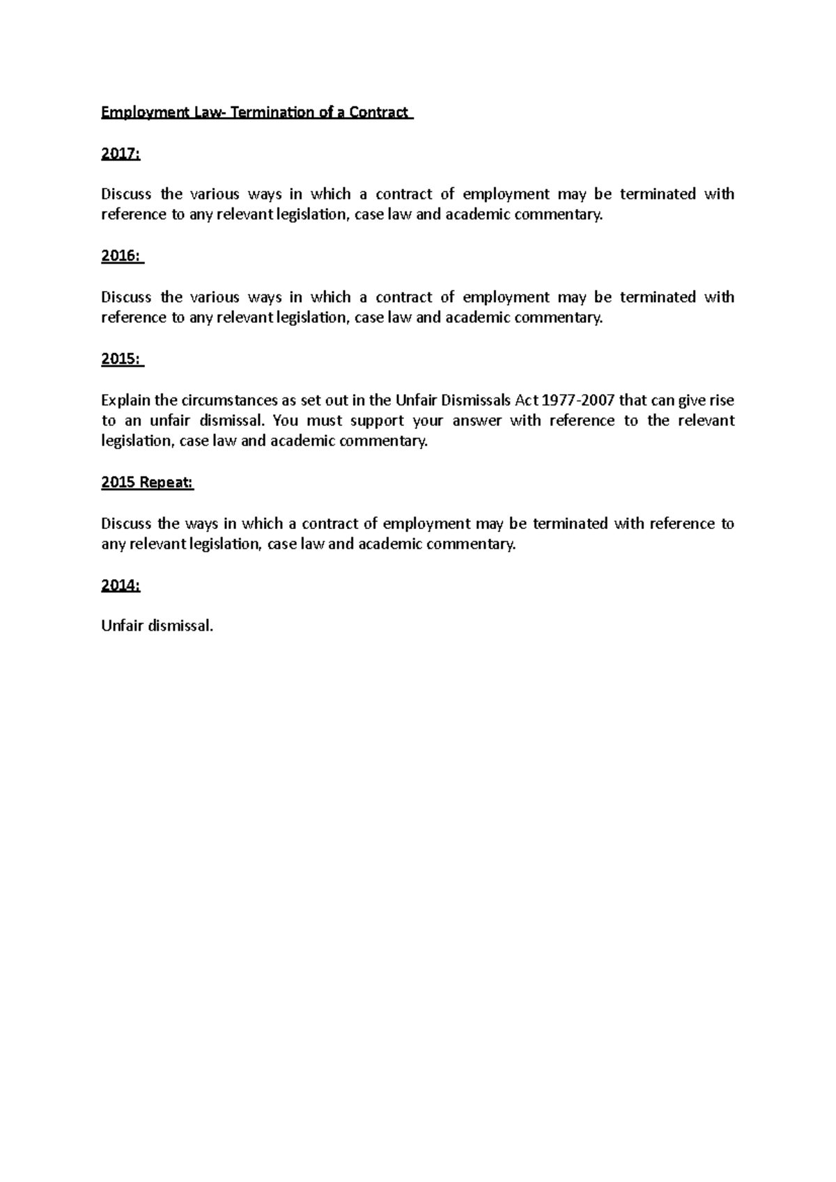Employment Law (Course Code): Termination of Employment Contracts ...
