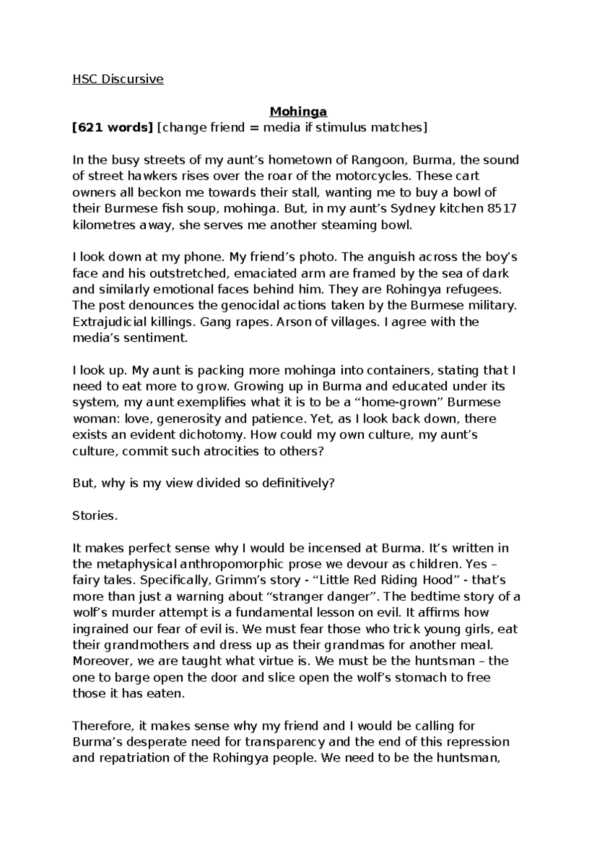 HSC Discursive Essay: Exploring Moral Complexities in Mohinga - Studocu