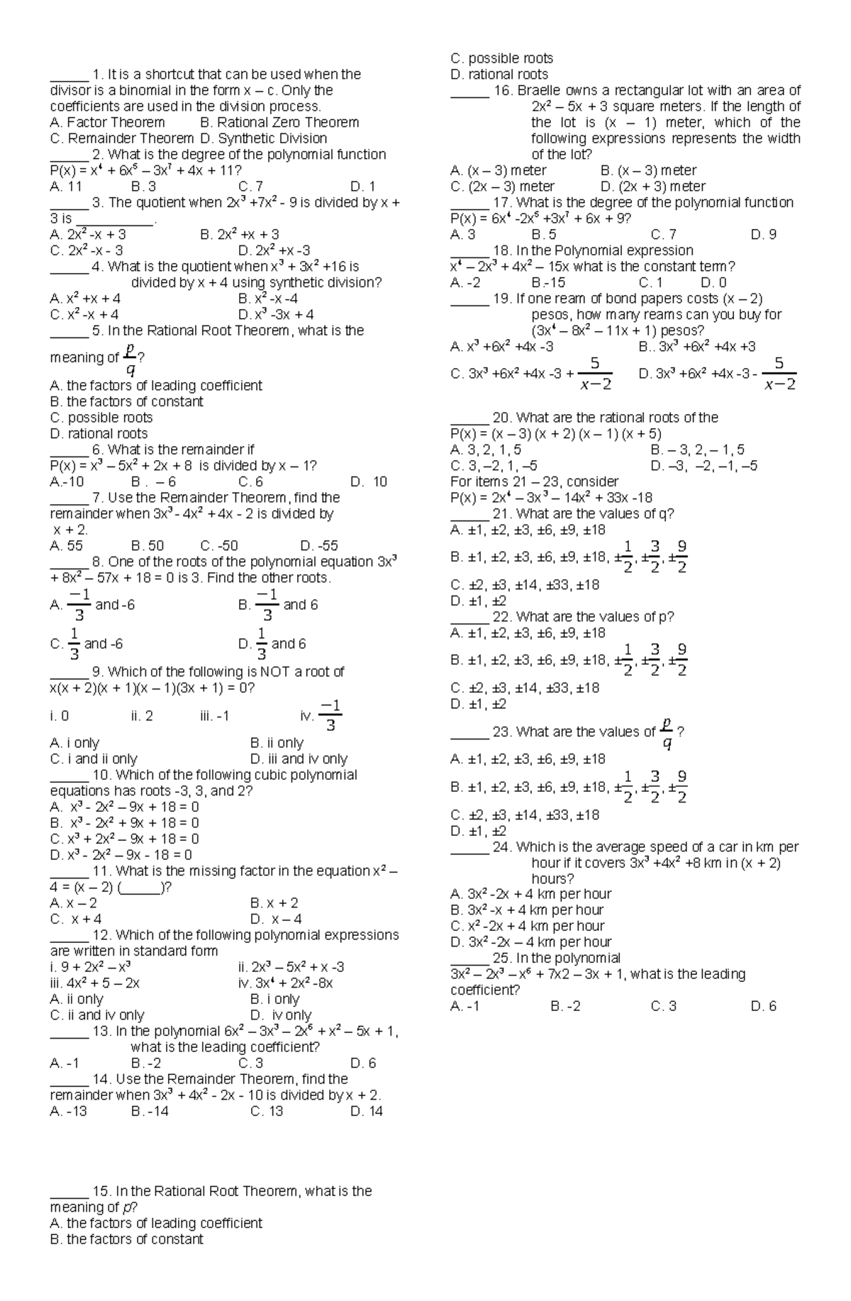 Summative Exam on Polynomials (MATH 101) - Studocu