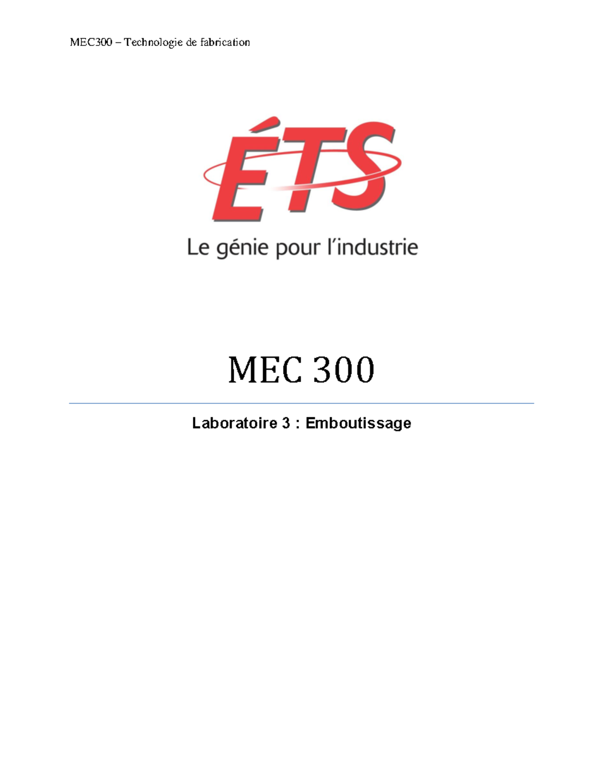MEC300 Laboratoire 3 : Emboutissage et Pliage des Métaux - Document Preview