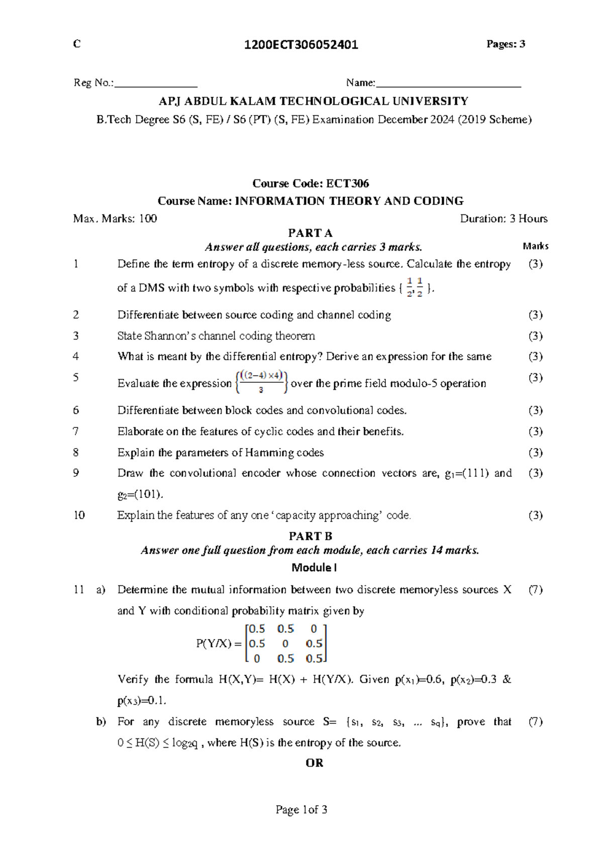 ECT306 - INFORMATION THEORY AND CODING Exam Paper December 2024 - Studocu