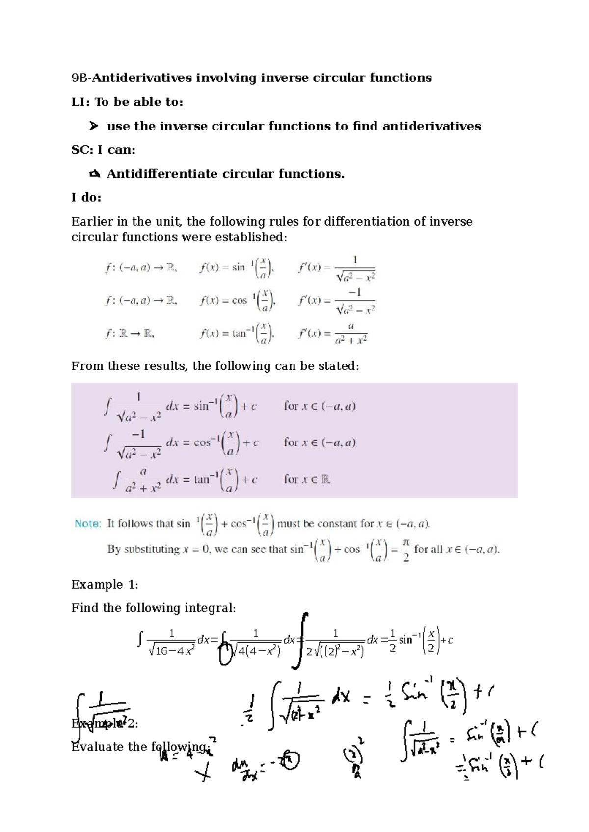 9B-Antiderivatives Using Inverse Circular Functions - Studocu