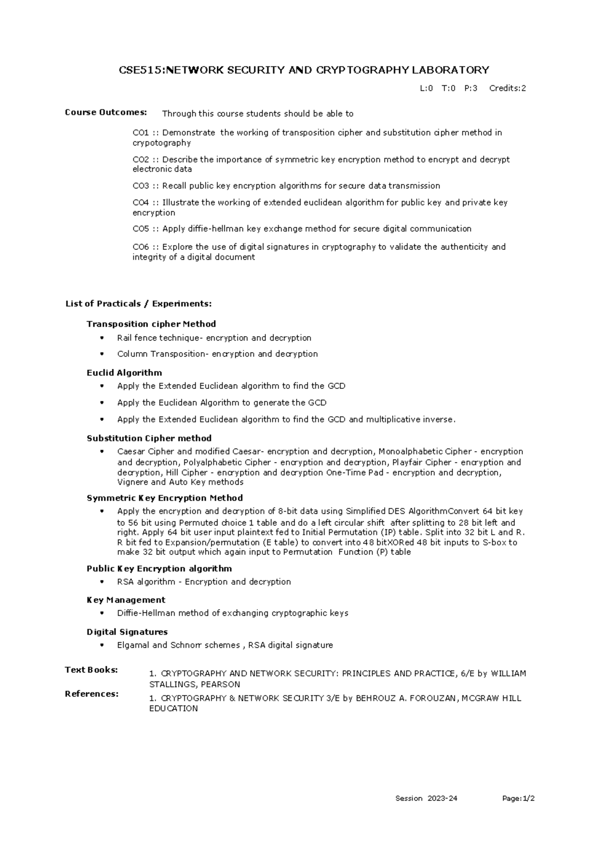 CSE515: Cryptography Lab Practical Guide and Outcomes - Studocu