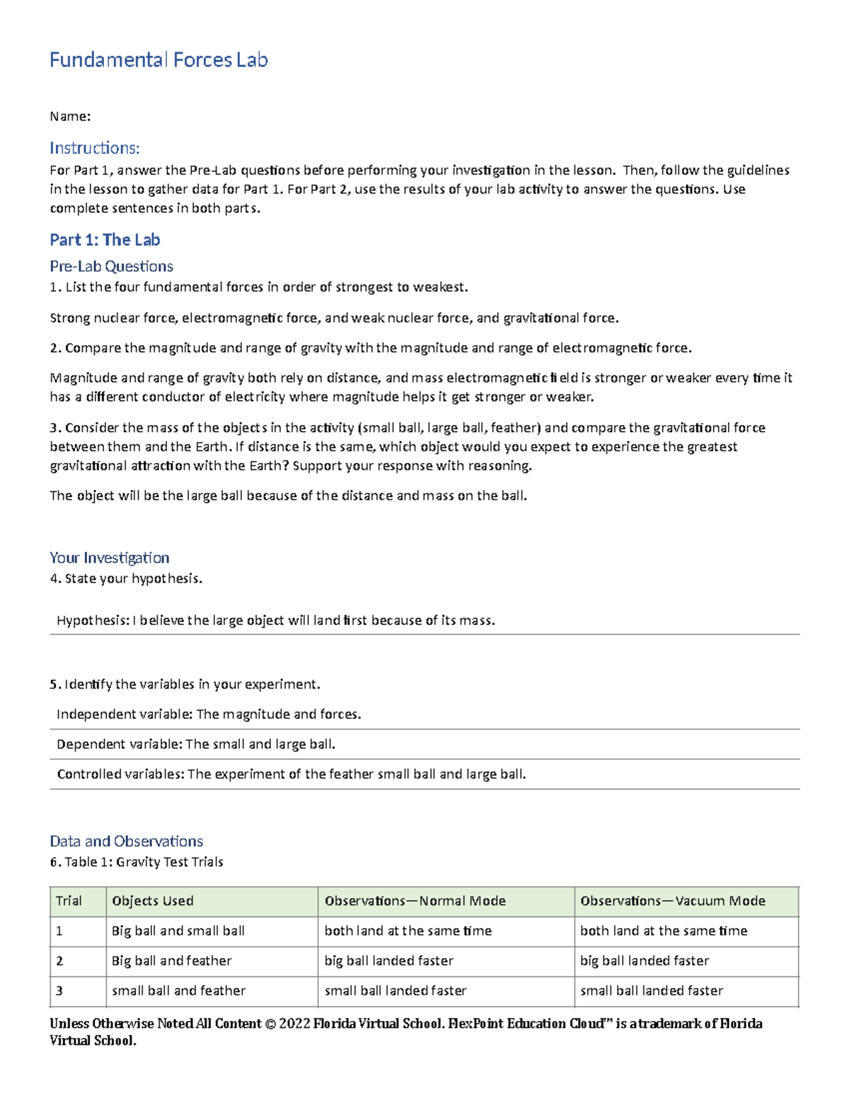 Fundamental Forces Lab Worksheet - 01 06 by Alessandro Buono - Studocu