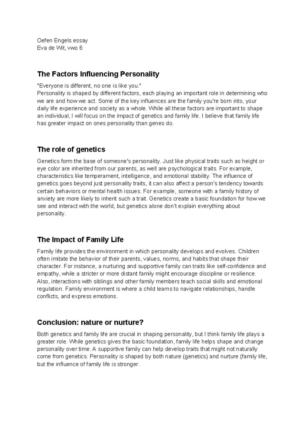 Oefen Essay: The Role of Genetics and Family in Shaping Personality ...