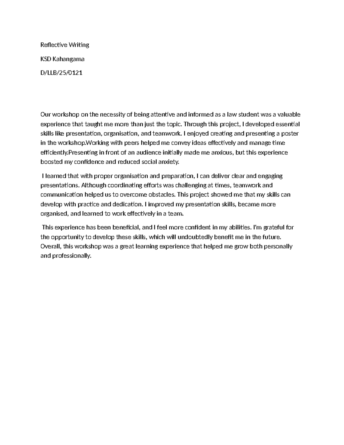 Reflective Writing on Workshop Skills Development - KSD Kahangama - Studocu