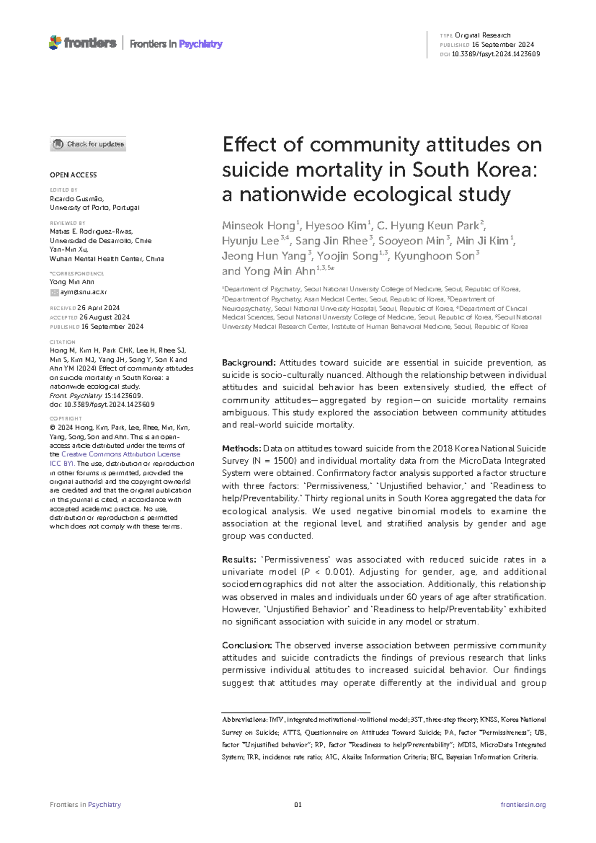 Effect of Community Attitudes on Suicide Mortality in South Korea: A ...