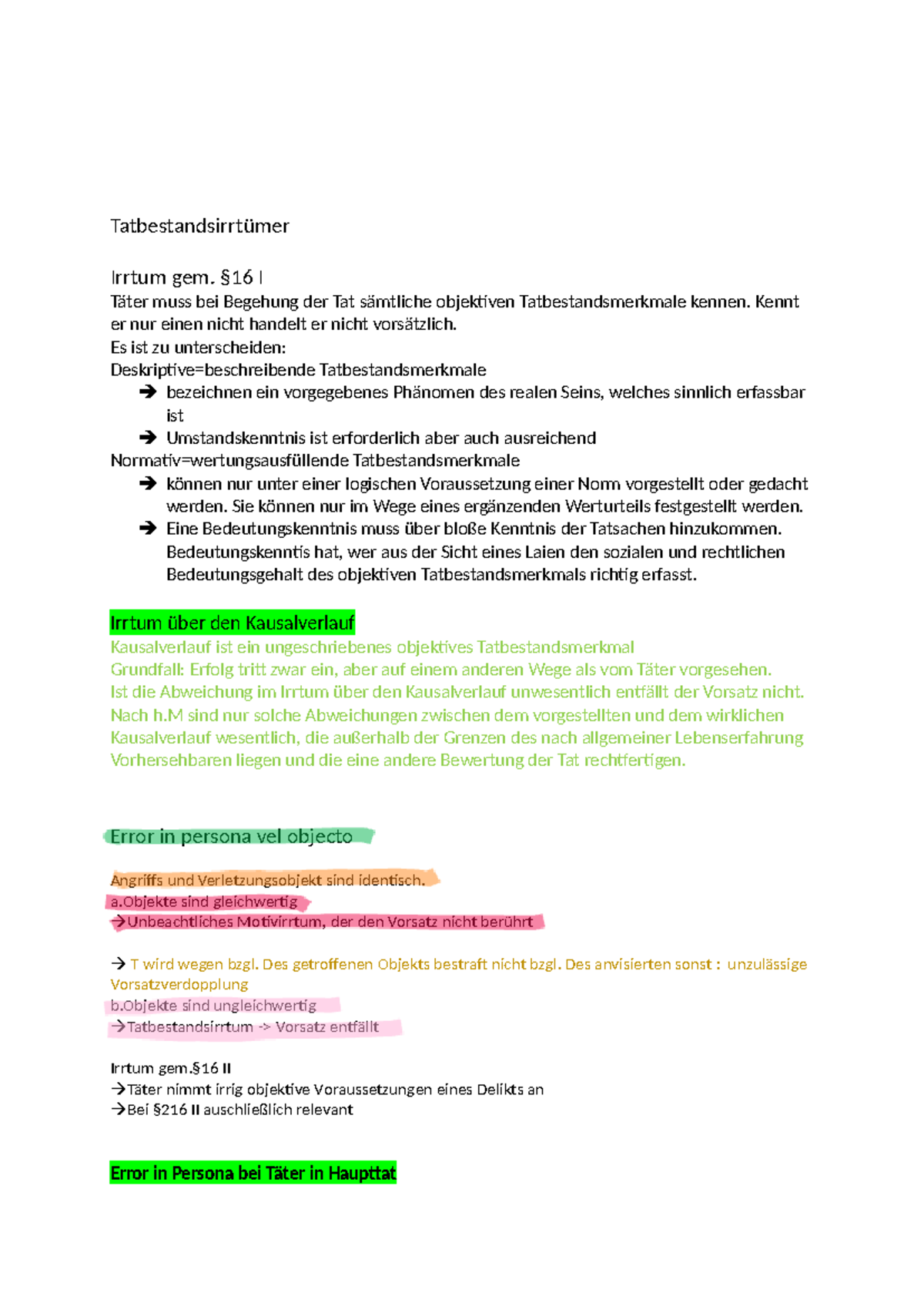 Irrtum im Tatbestand: Grundlagen und rechtliche Konsequenzen - Studocu